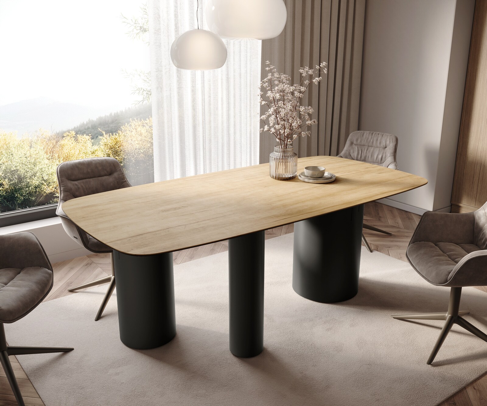 Eettafel Edge Boot 200x100 keramiek  Laminam® Sabbia Eichefarbig Troa metaal zwart