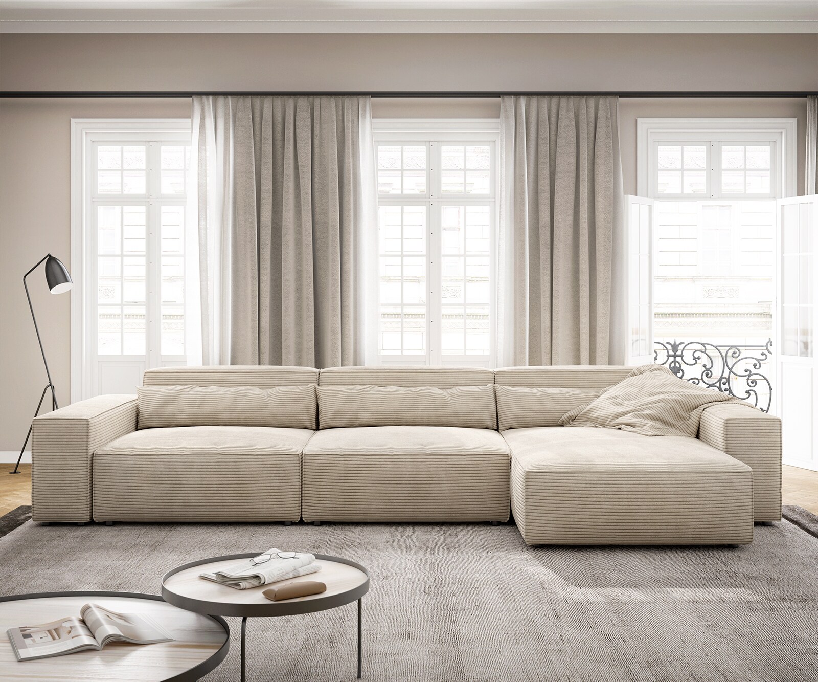 Hoekbank Sirpio XL 370x170 cm koord beige recamiere variabele 1