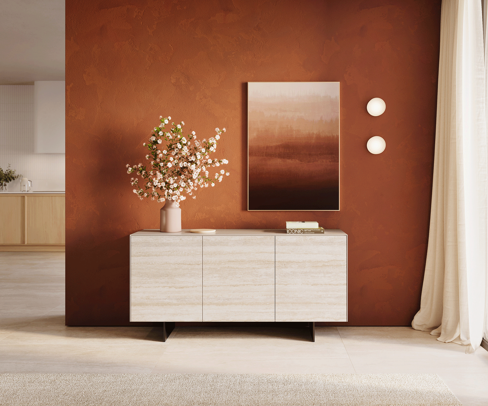 Dressoir Cuor 150 cm Keramiek Laminam® Travertino Bianco Crème-wit 3 Deuren Zwevende voet look Metaal Zwart 2