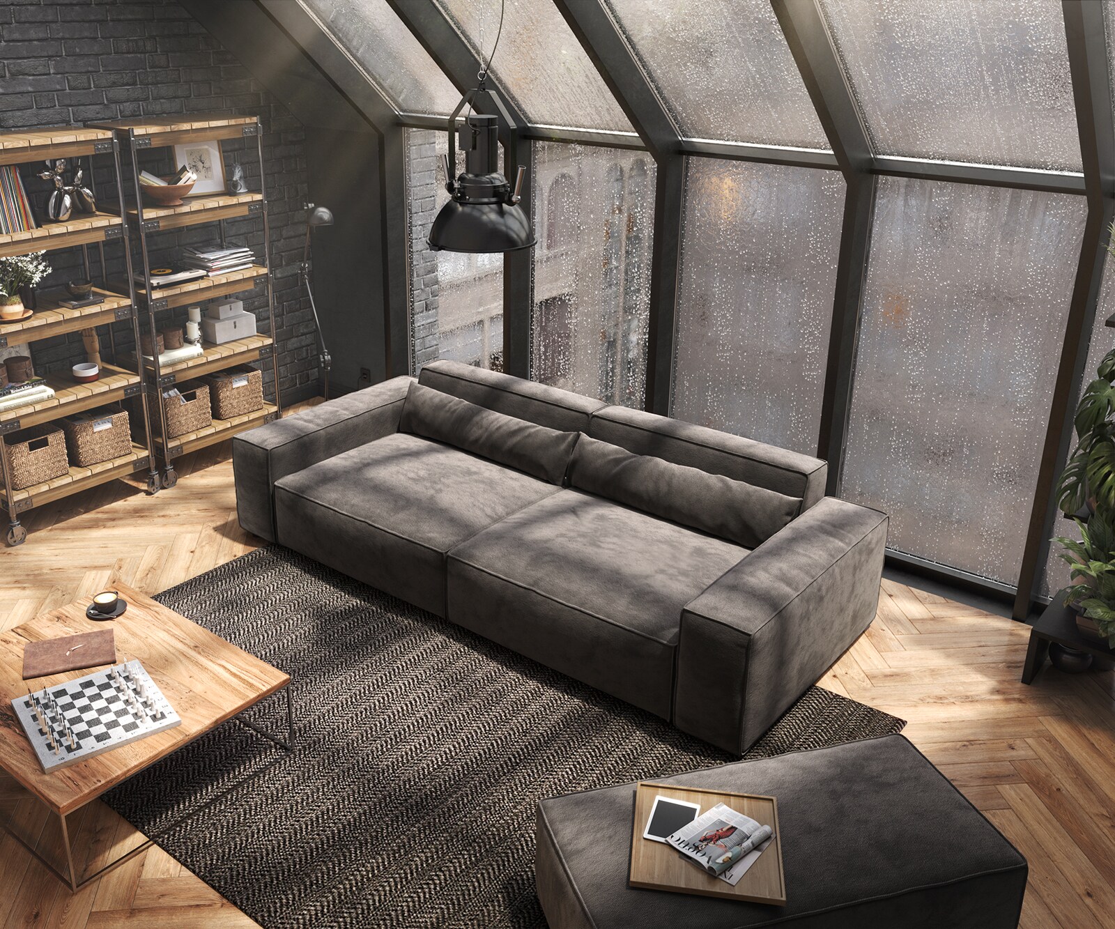 Big-sofa Sirpio XL 270x130 cm microvezel kaki bruin met kruk 3
