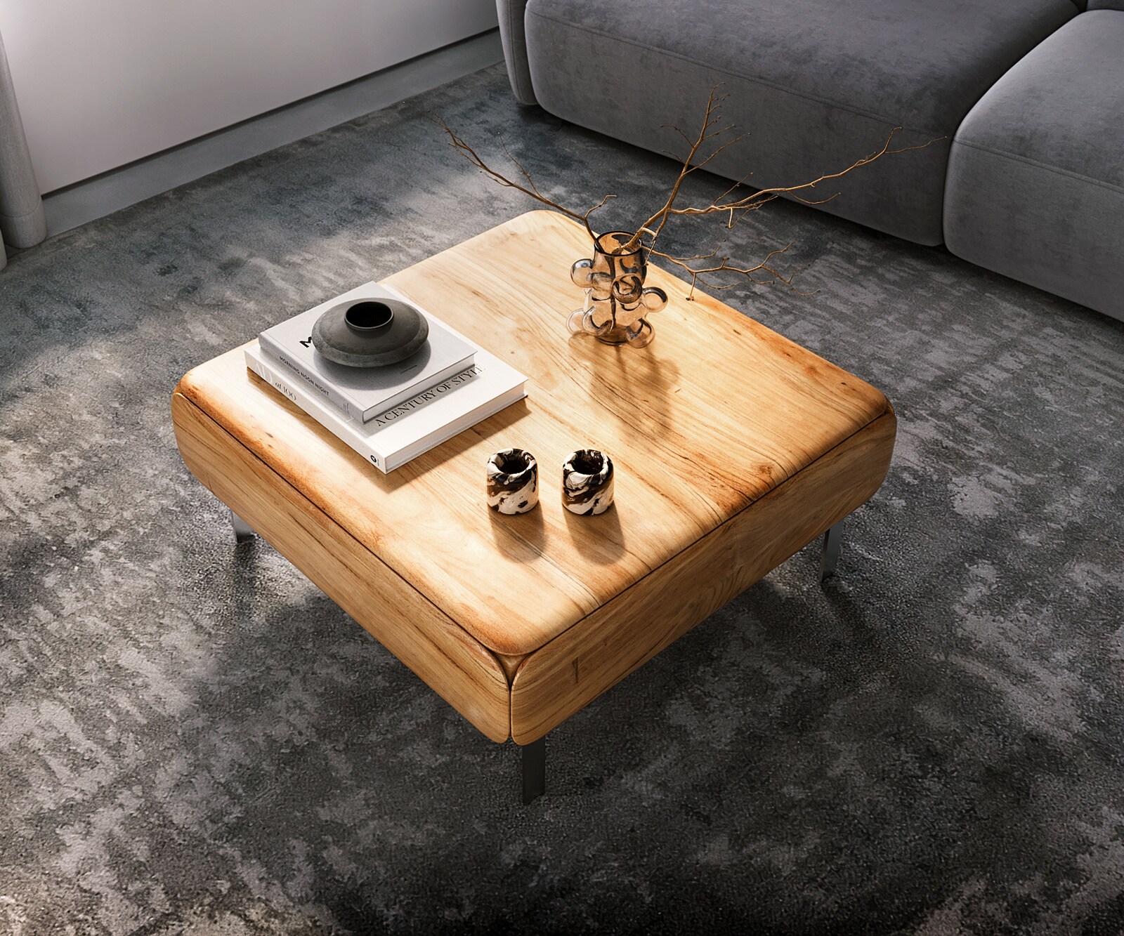 Salontafel Shavani 90x90 cm acacia natuur 2 deuren L-poot RVS zilver 4 Salontafel Shavani 90x90 cm acacia natuur 2 deuren L-poot RVS zilver 4