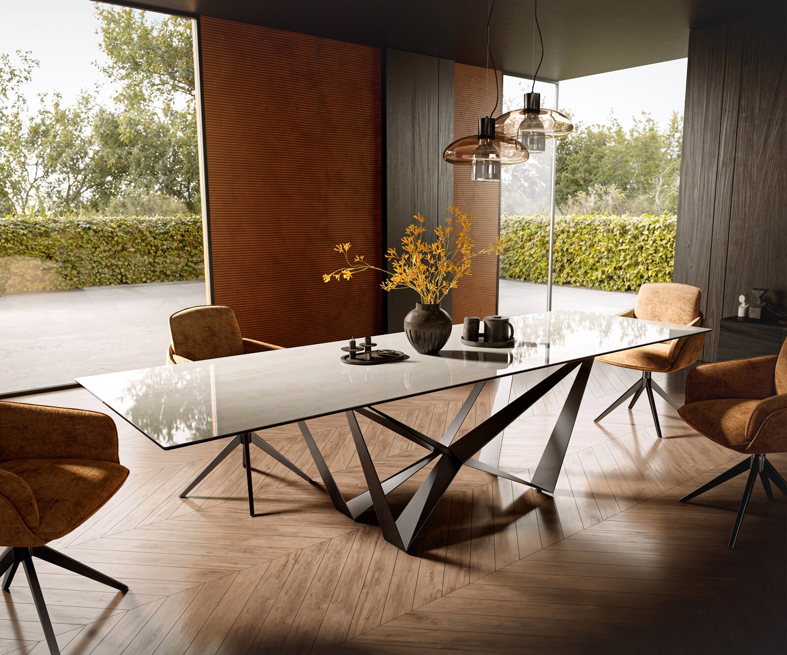 Eettafel Edge 300x100 cm keramiek Onyx Champagne Spider platstaal roestvrij staal grafiet 1