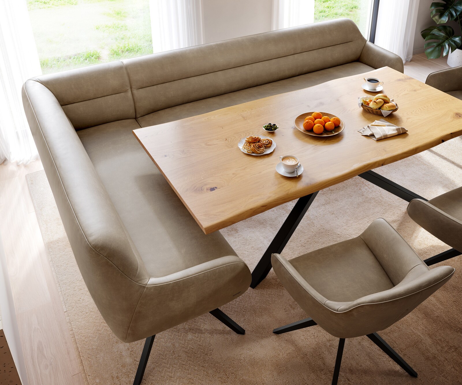 Eetkamerbank Taya-Flex 285x190 cm microvelours beige vintage hoekig kruisframe zwart pocketvering rechts 4