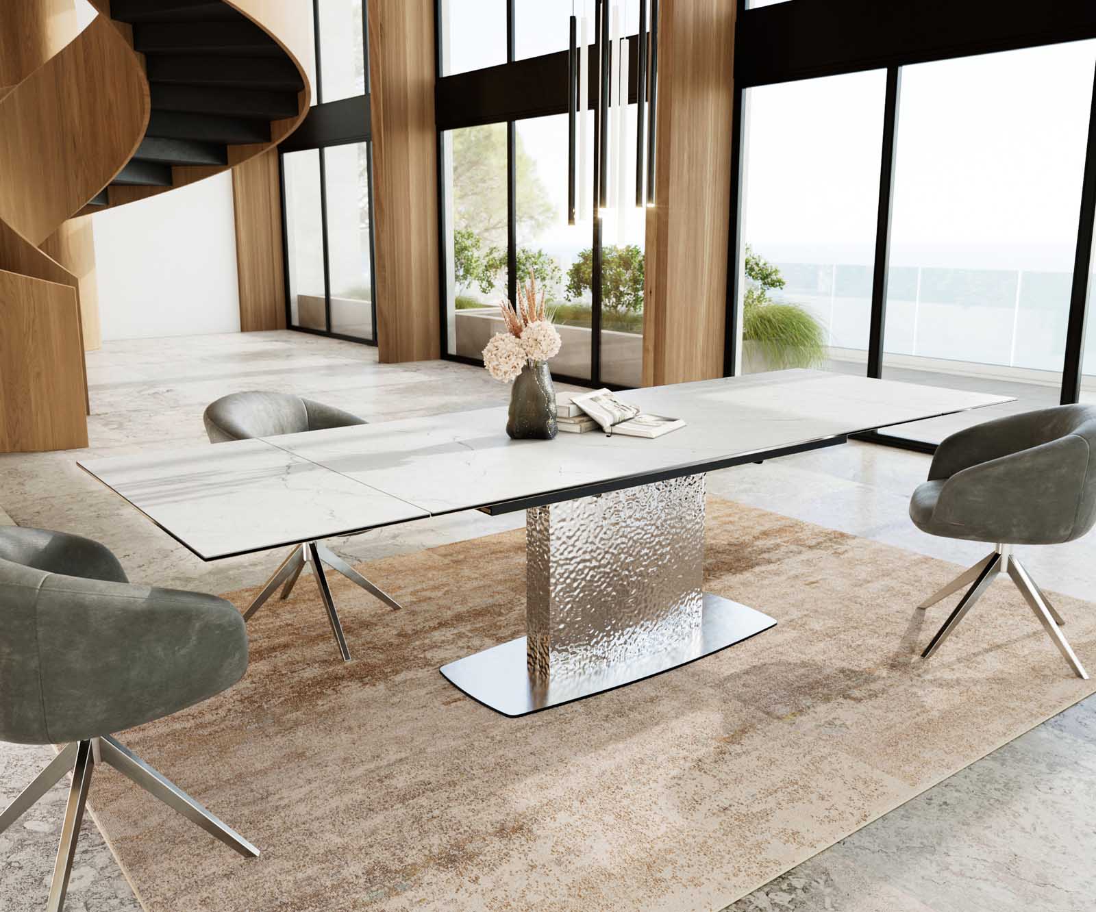 Eetkamertafel Edge 200-300x100 keramiek Laminam®Statuarietto Weiß Wave RVS uitschuifbaar 8