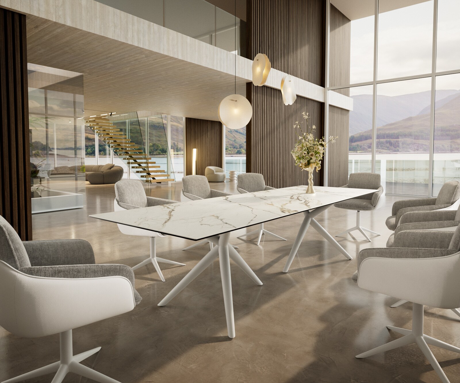 Eetkamertafel Edge 300x100 keramiek Calacatta Luxe wit-Gold-grijs Estelar rond  metaal wit 5