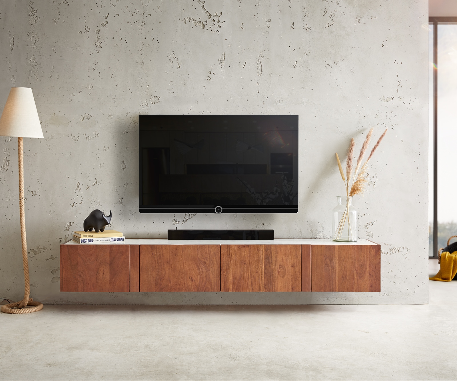 TV-meubel Secara 200 cm acacia bruin 4 deuren marmer zwevend