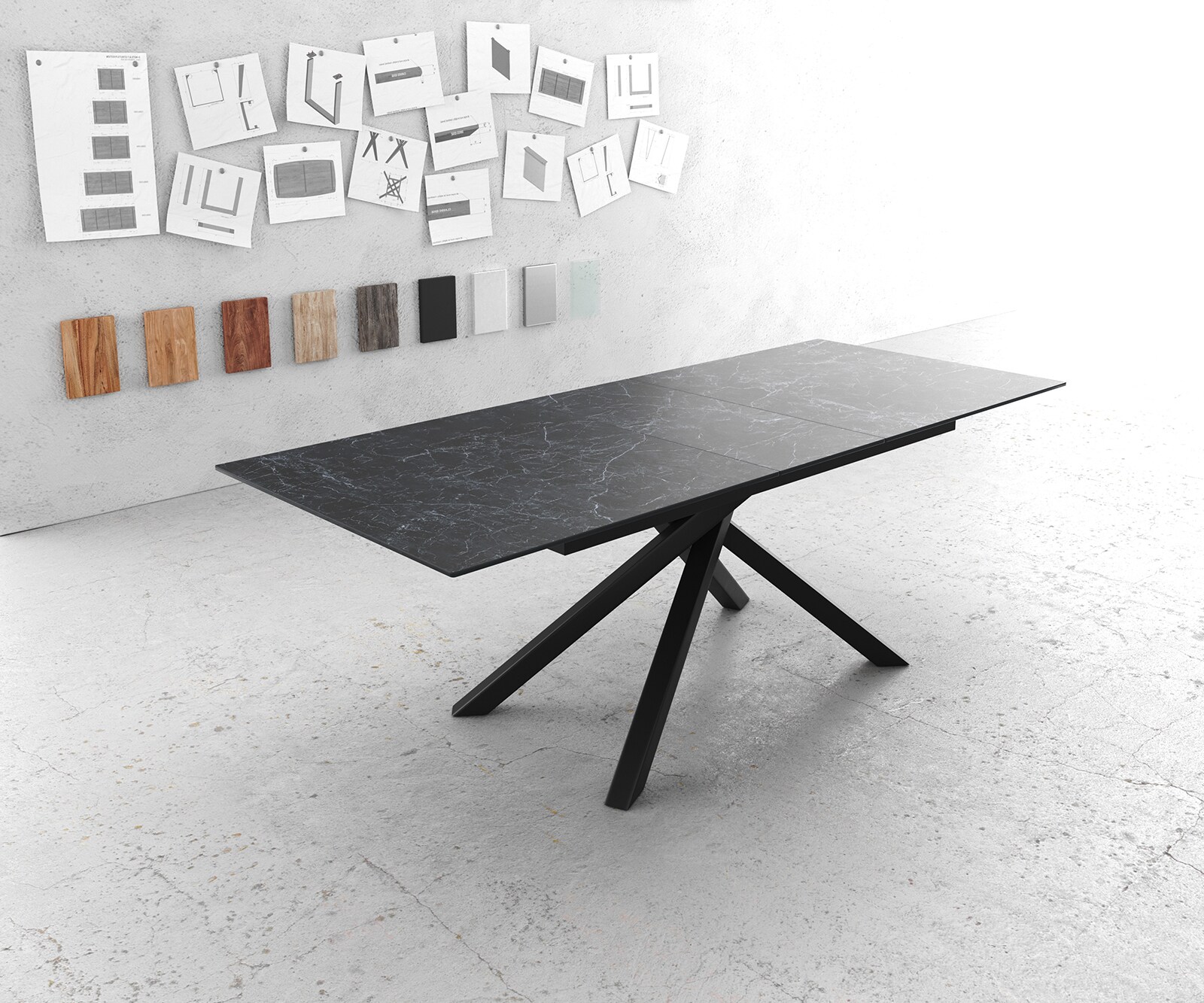 Eettafel Edge 180-220x90cm Laminam® keramiek grijs middenpoot kruis zwart Eettafel Edge 180-220x90cm Laminam® keramiek grijs middenpoot kruis zwart