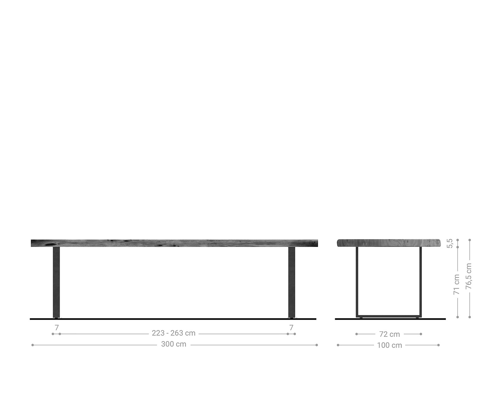 Eettafel Edge 300x100 XL acacia platina skidframe zwart Live-Edge 6