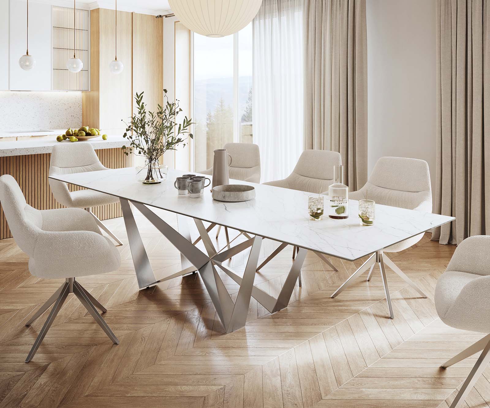 Eettafel Edge 300x100cm Laminam® keramiek wit middenpoot vlak staal zilver 1