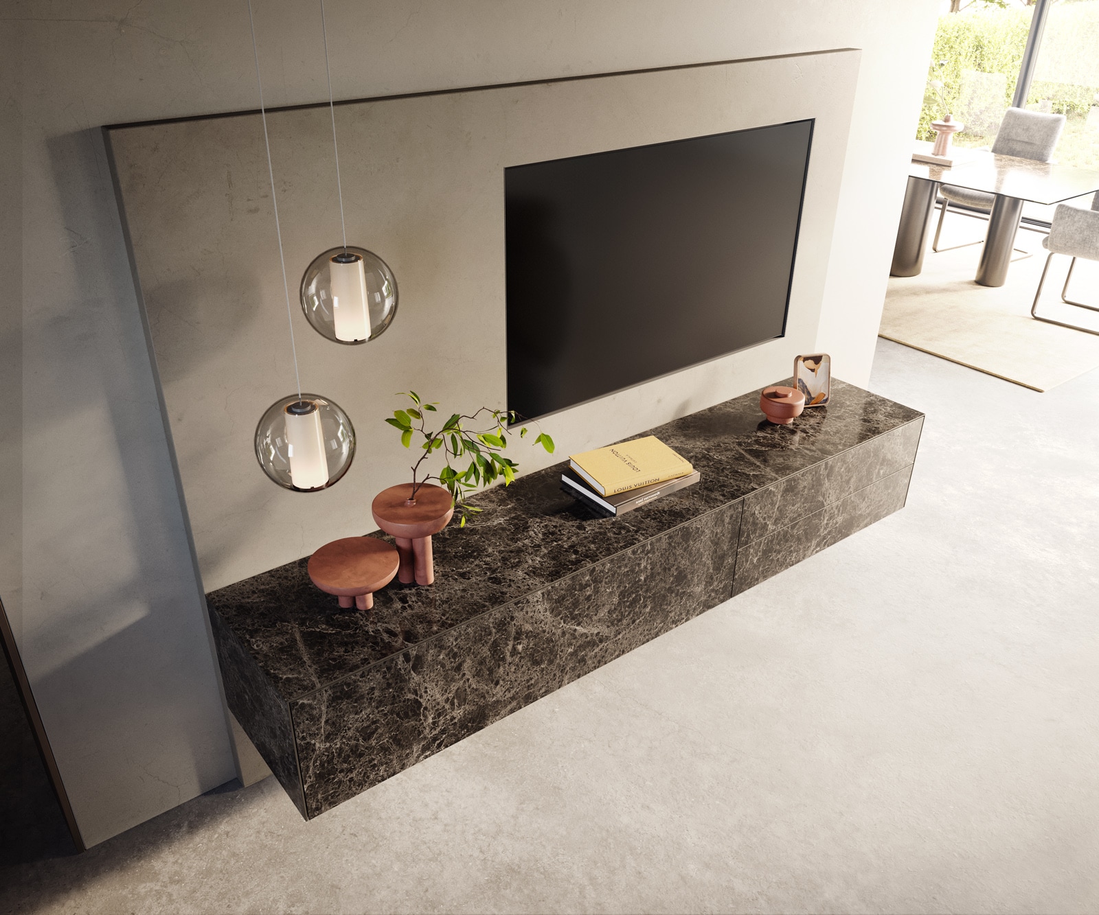 Tv-meubel Cuor 220 cm Keramiek Emperador Extra Lucidato Donkerbruin 1 Flap 2 Laden Zwevend 3 Tv-meubel Cuor 220 cm Keramiek Emperador Extra Lucidato Donkerbruin 1 Flap 2 Laden Zwevend 3