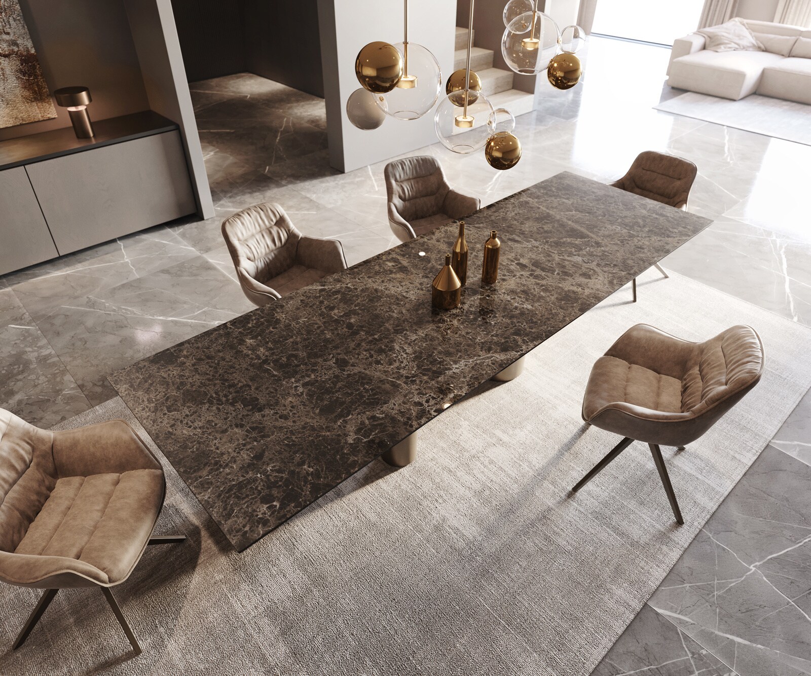 Eetkamertafel Edge 300x100 Laminam® Emperador Extra Lucidato donkerbruin Pilier metaal effectafwerking titaan 5