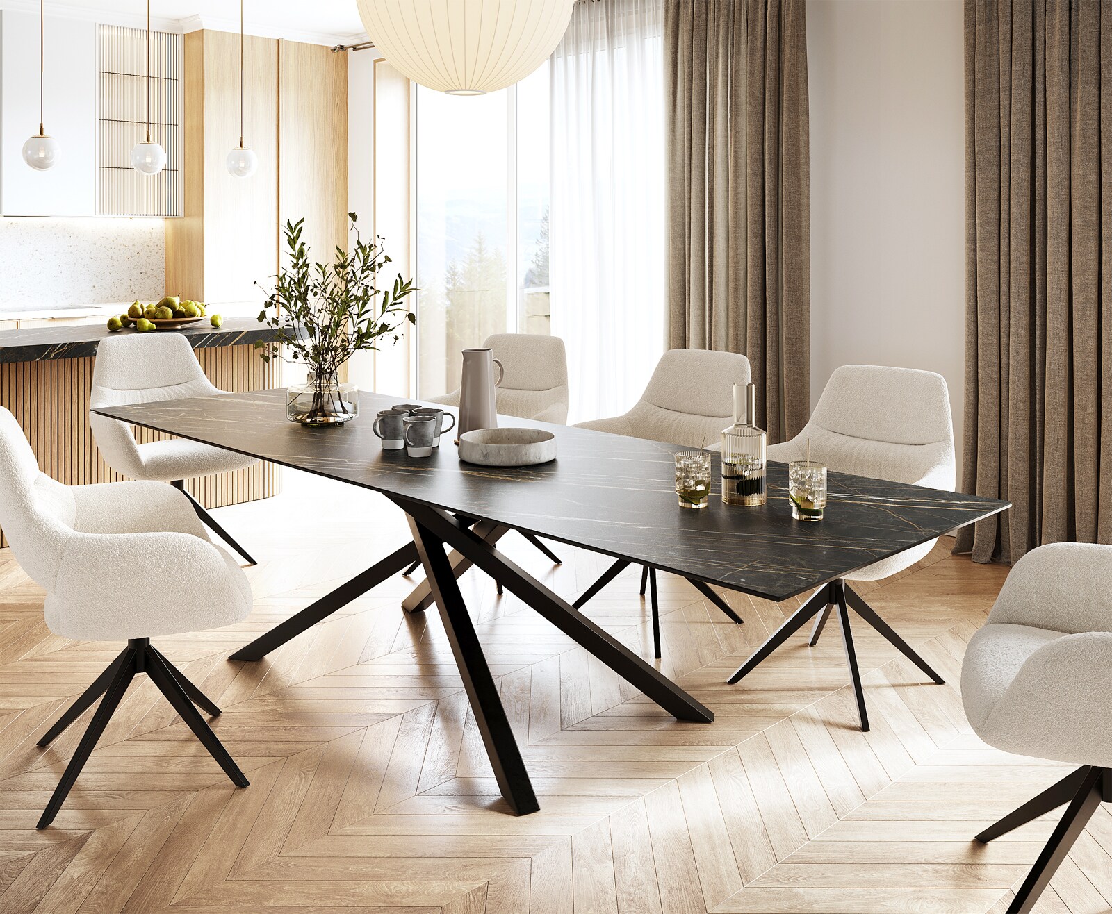 Eettafel Edge 300x100cm Laminam® keramiek bruin middenpoot kruis zwart