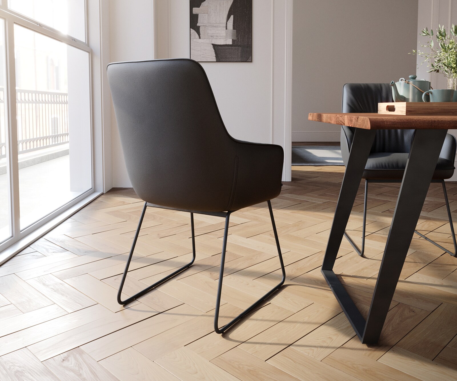 Eetkamerstoel Zelia-Flex met armleuning echt leer zwart slipframe zwart pocketveer kern 4 Eetkamerstoel Zelia-Flex met armleuning echt leer zwart slipframe zwart pocketveer kern 4