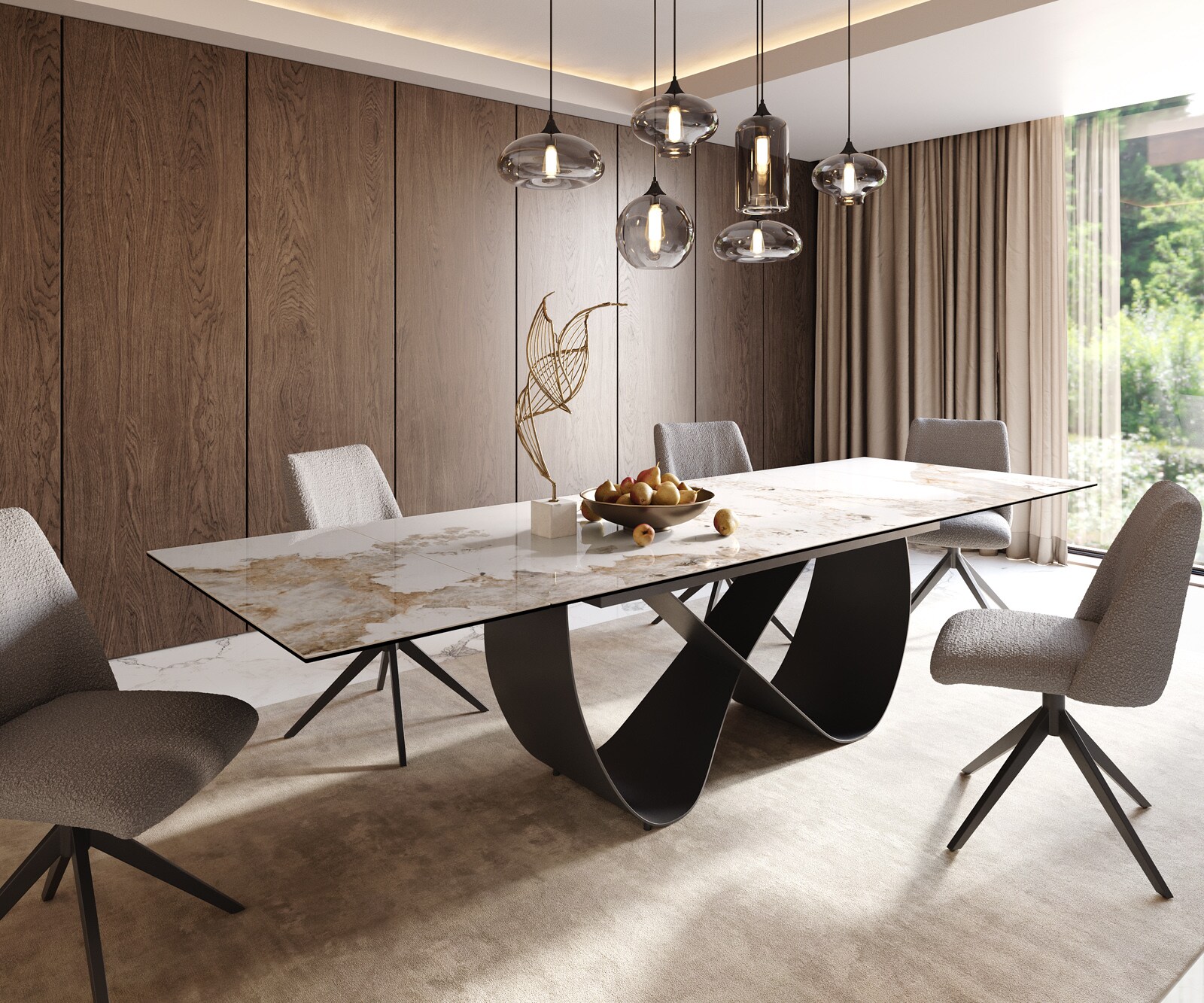 Eetkamertafel Edge 200-300x100 cm Keramiek Minas Melange Wit-Beige Infinity Metaal Zwart uitschuifbaar