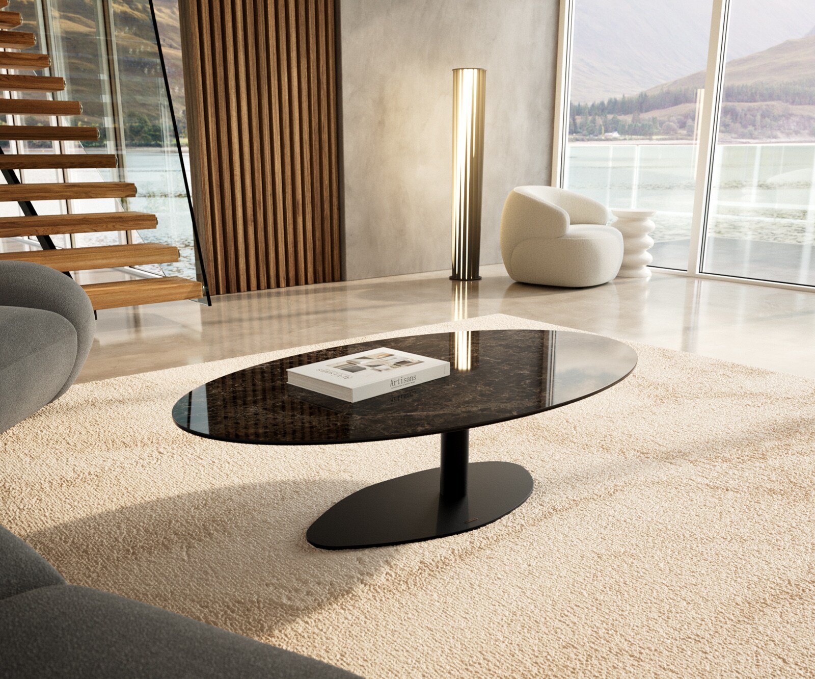 Salontafel Edge Oval 140x80 cm keramiek Laminam® Emperador Extra Lucidato donkerbruin Vibany zwart metaal 1