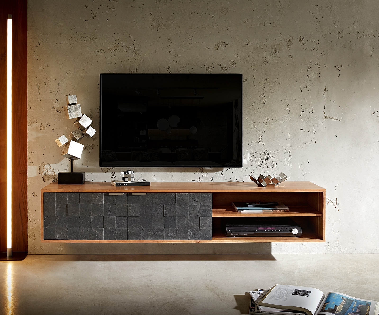 Tv-meubel Teele 160 cm acacia natuurleisteen 2 deuren zwevend 1 Tv-meubel Teele 160 cm acacia natuurleisteen 2 deuren zwevend 1