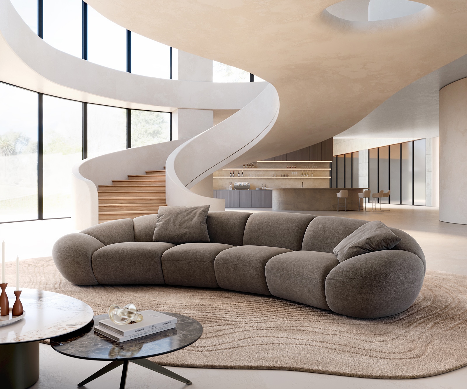 Big-sofa Lunna 360x175 cm platbinding bruin 2 kussens 1 Big-sofa Lunna 360x175 cm platbinding bruin 2 kussens 1