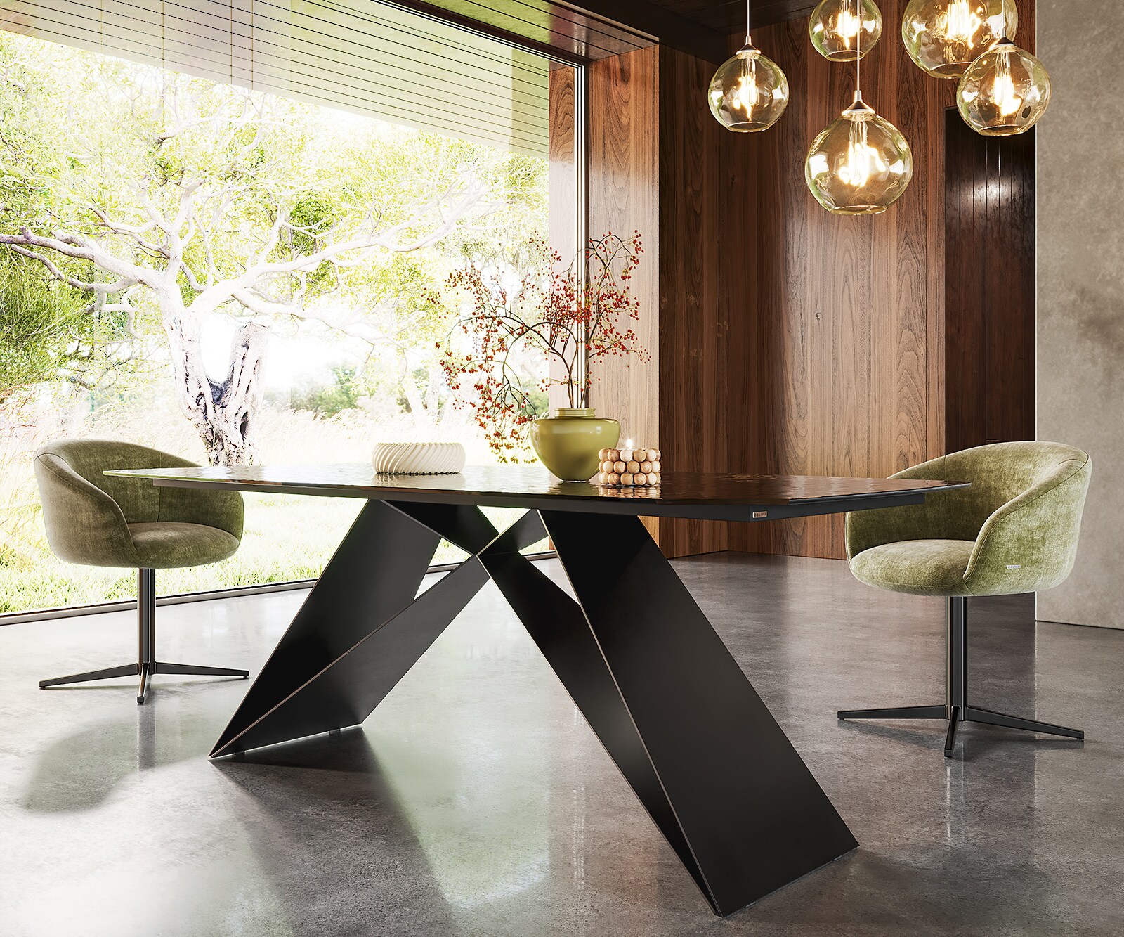 Eetkamertafel Edge Boot 200x100 Glas smelten rokerig zwart 3D-Relief V-frame vlak staal zwart 4