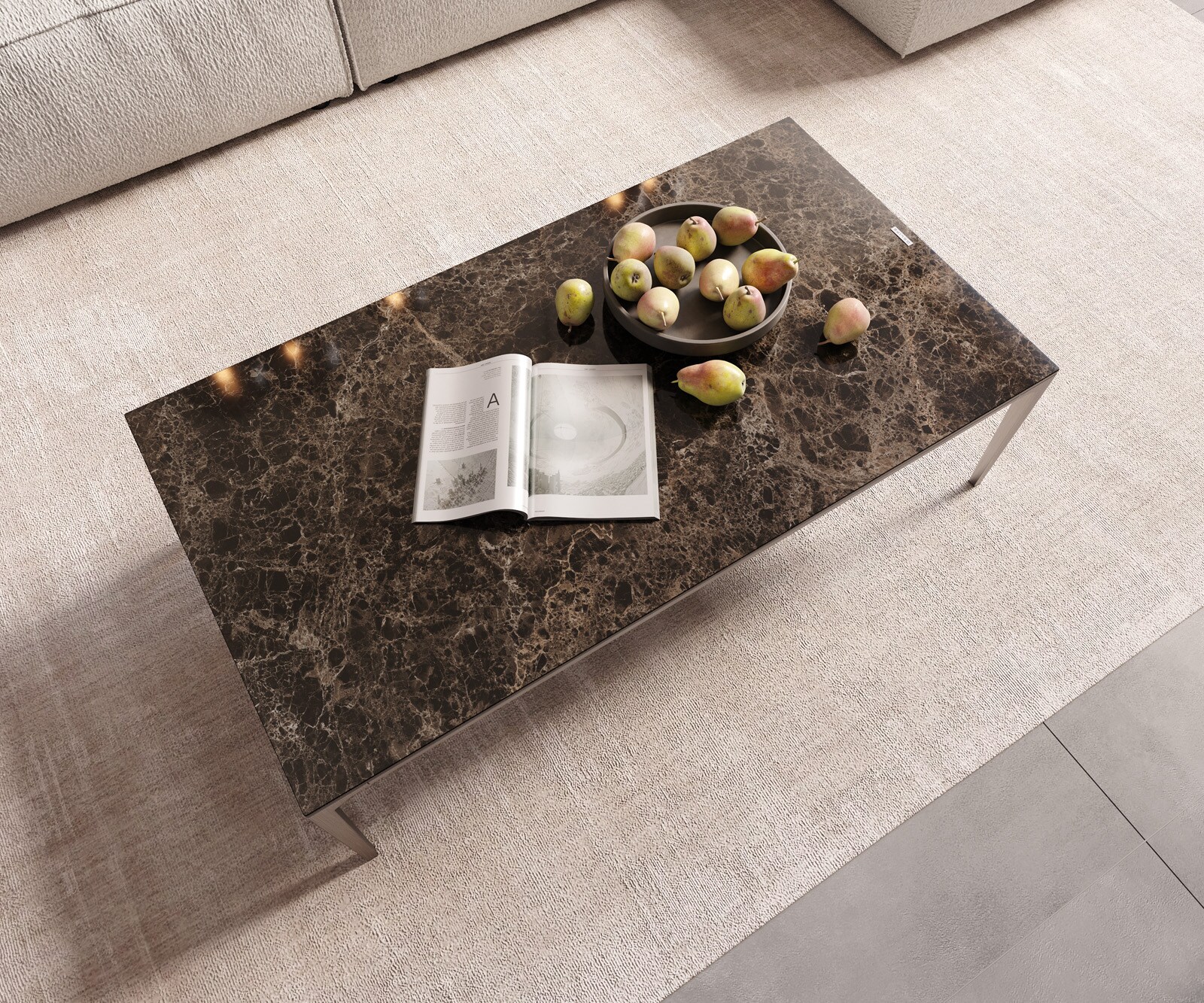 Salontafel Levente 110x60 cm Keramiek Emperador Extra Lucidato Donkerbruin Onderstel roestvrij staal zilver 4