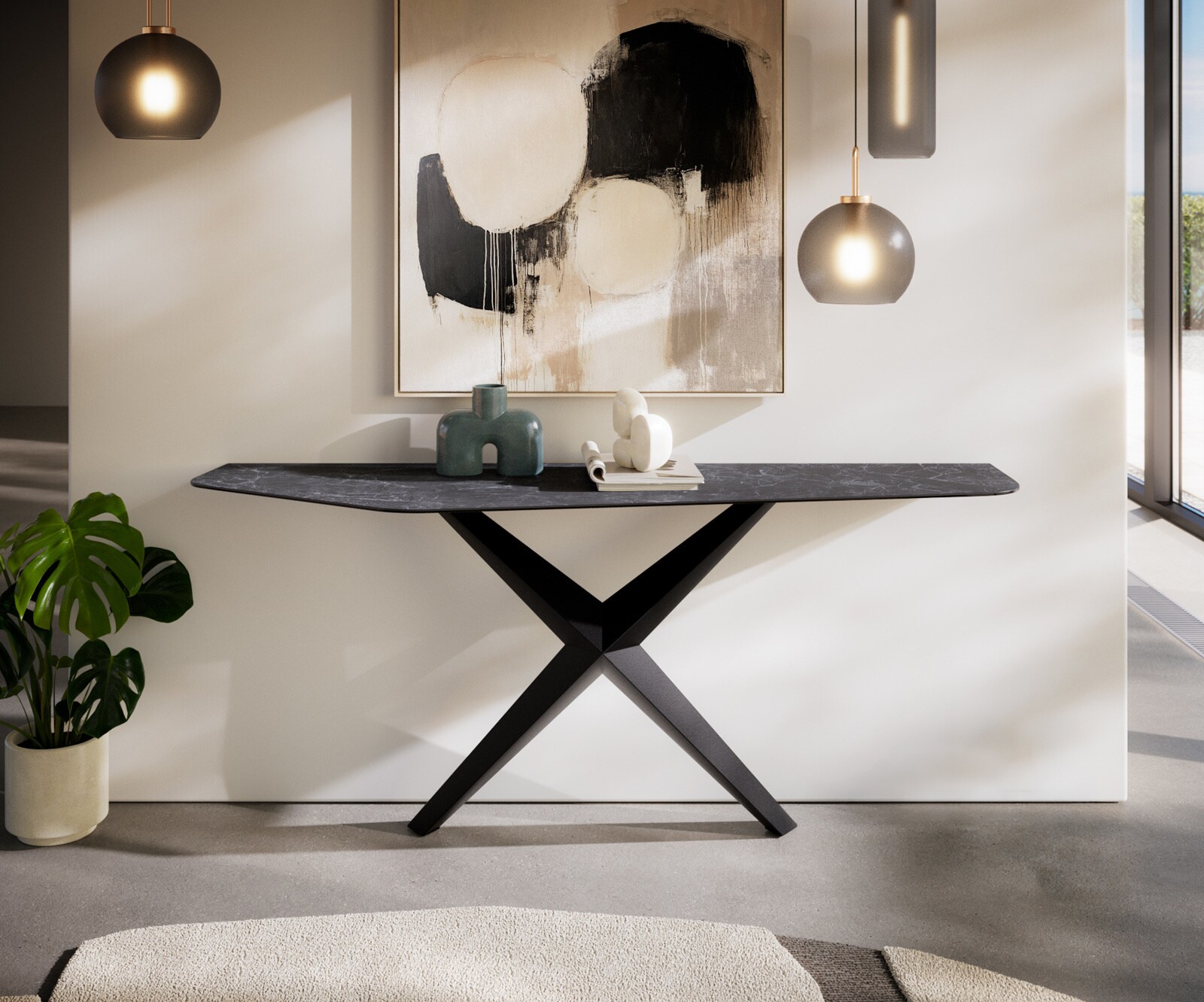 Consoletafel Edge Polygonaal 180x50 cm Keramiek Laminam® Nero Greco Anthrazit Zentharo Metaal Zwart 2