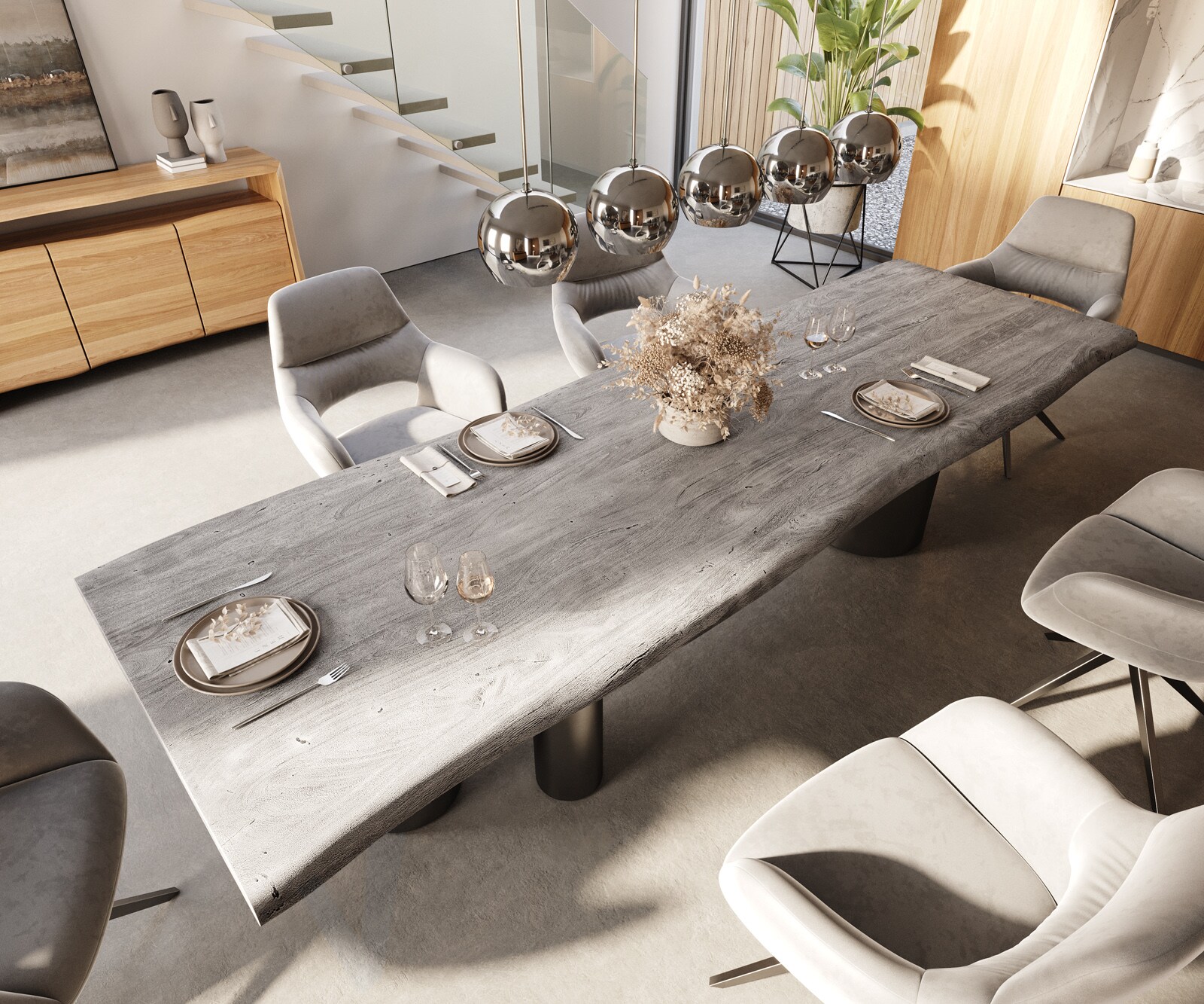 Eetkamertafel Edge 300x100 XL acacia platina Troa roestvrij staal grafiet Live-Edge 4