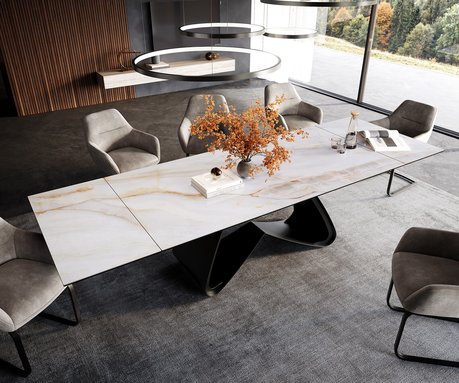Eettafel Edge 200-300x100 cm keramiek Onyx Pearl W-onderstel metaal zwart uittrekbaar 4