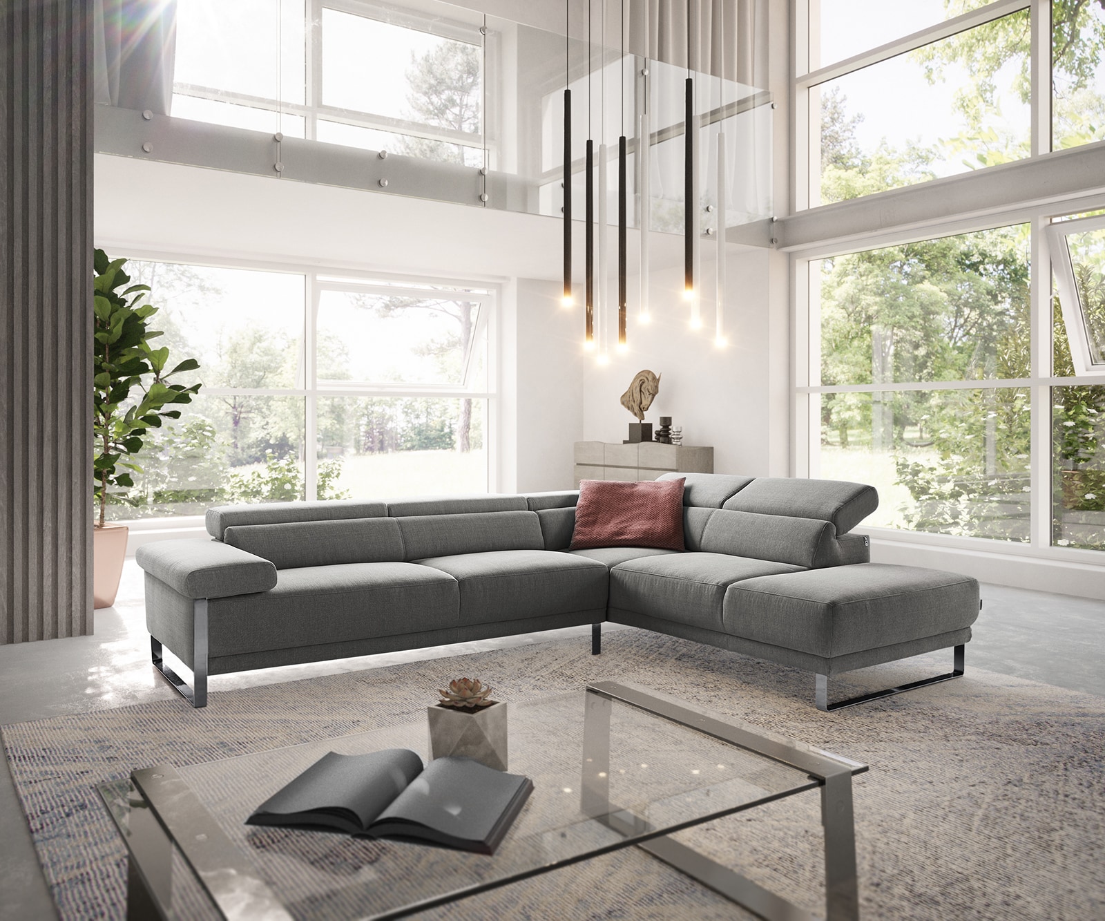 Hoekbank Floyd 300x230 zilvergrijs ottoman rechts  hoofdeinde verstelbaar by W. Schillig