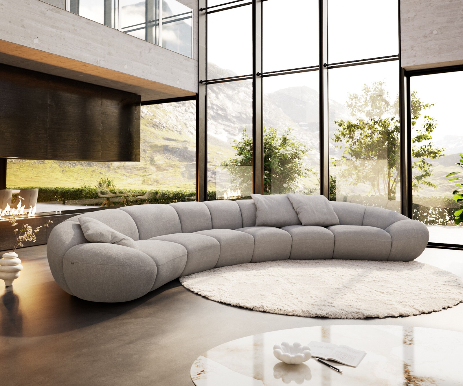 Bigsofa Lunna 470x210 cm Zachte grijze stof met structuur 3 kussens
