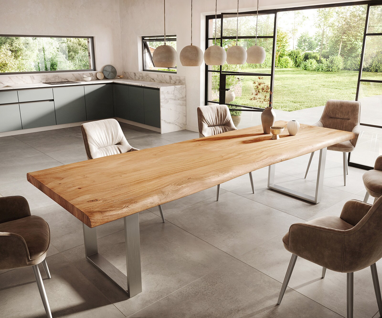 Eettafel Edge 300x100 XL acacia natuur roestvrijstaal smal Live-Edge