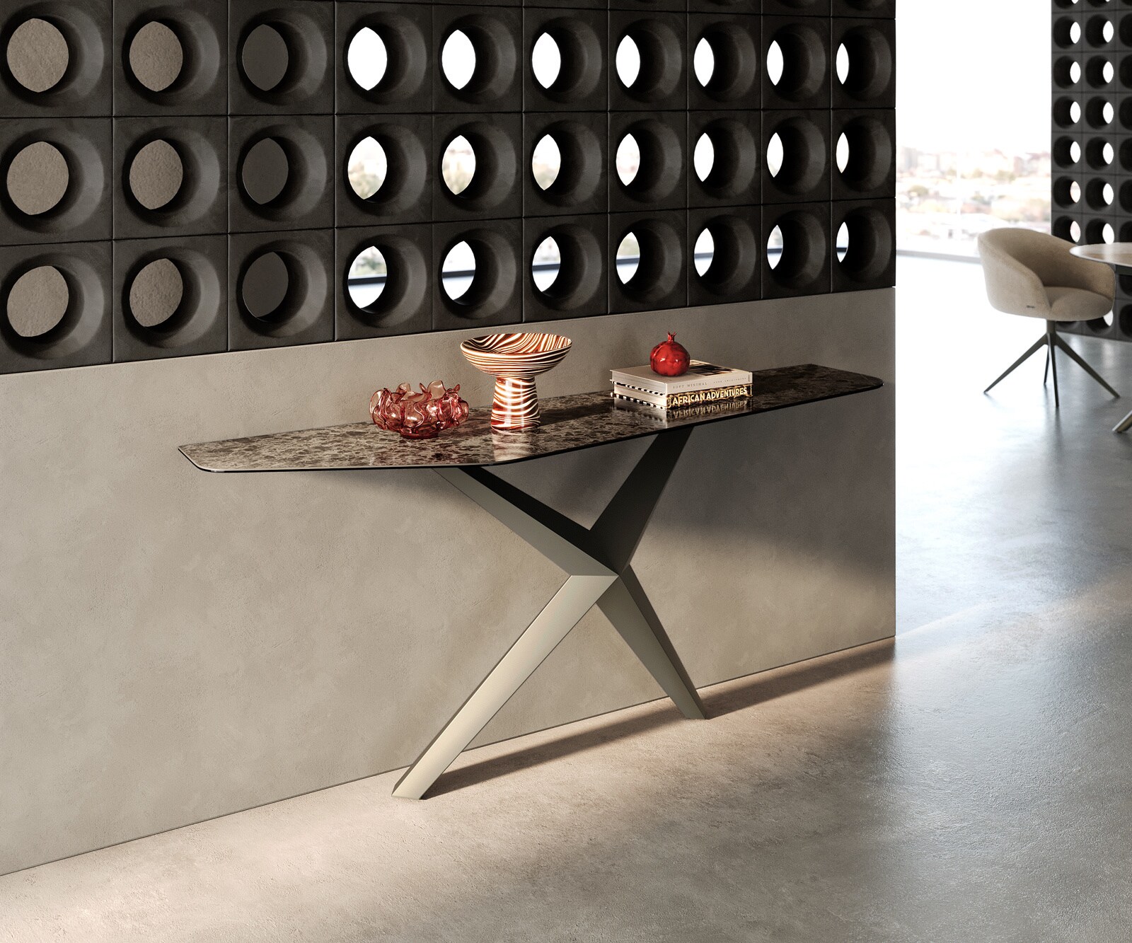 Consoletafel Edge Polygonaal 180x50 cm Keramiek Emperador Extra Lucidato Dunkelbraun Zentharo Metaal Effektfinish Titan 1