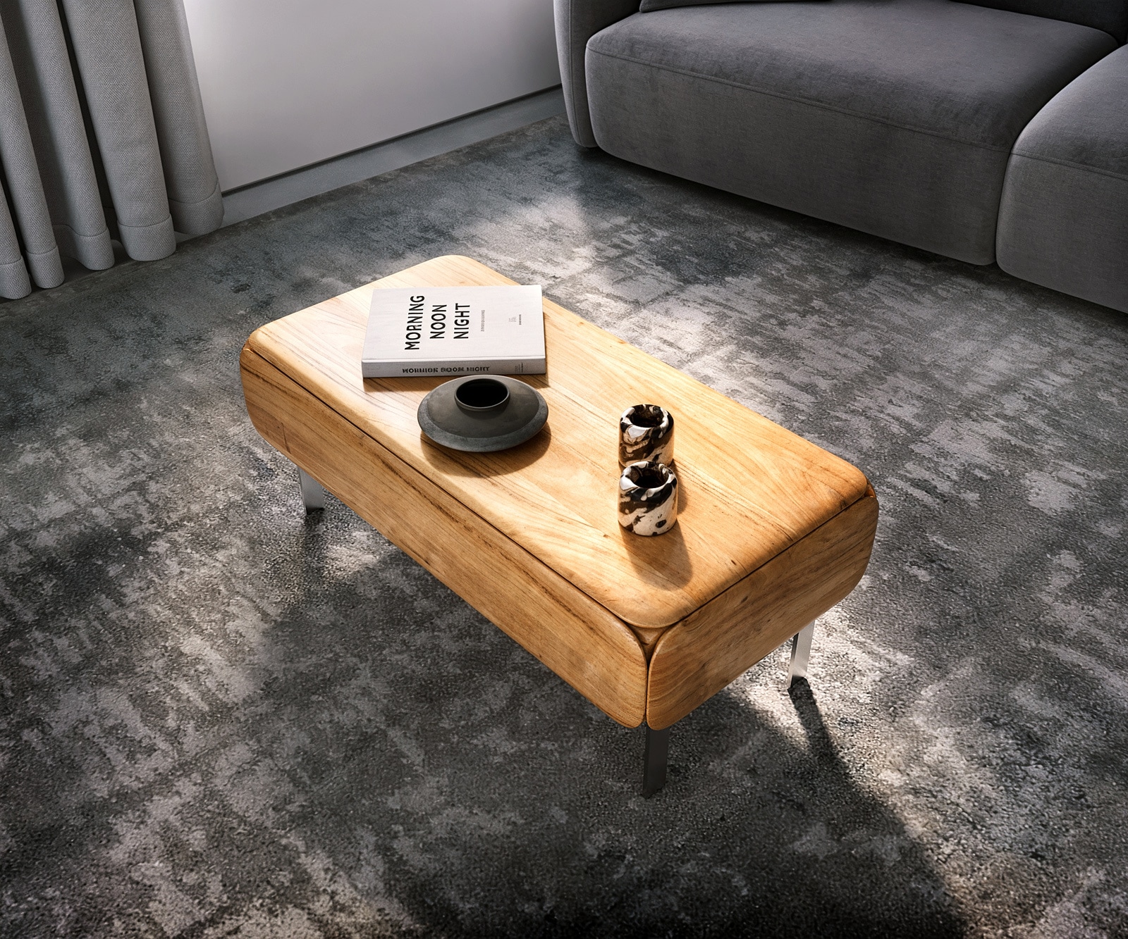 Salontafel Shavani 100x50 cm acacia natuur 1 lade L-poot RVS zilver 4 Salontafel Shavani 100x50 cm acacia natuur 1 lade L-poot RVS zilver 4