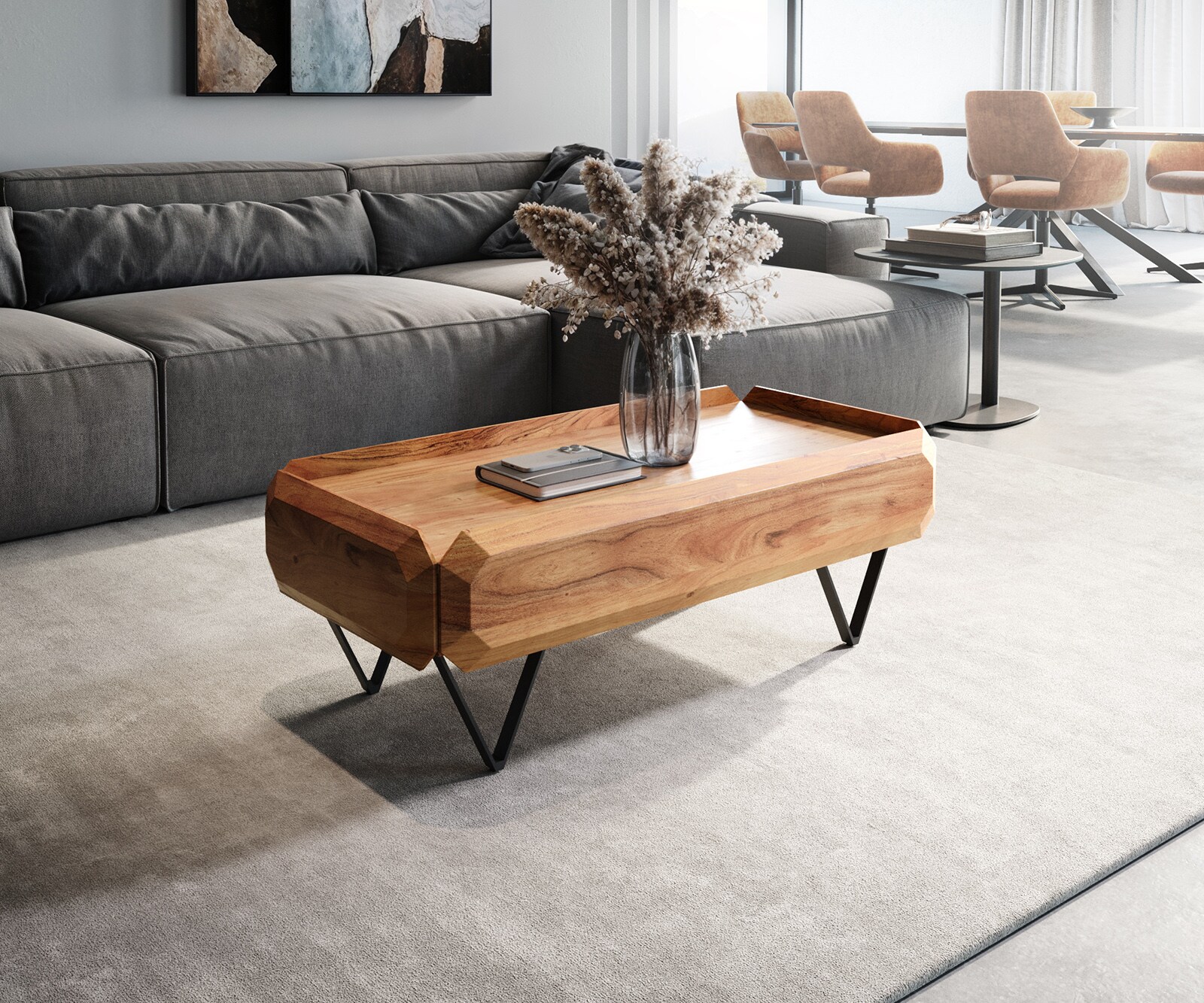 Salontafel Kiano 100x50 cm natuur acacia 2 laden V-poot zwart