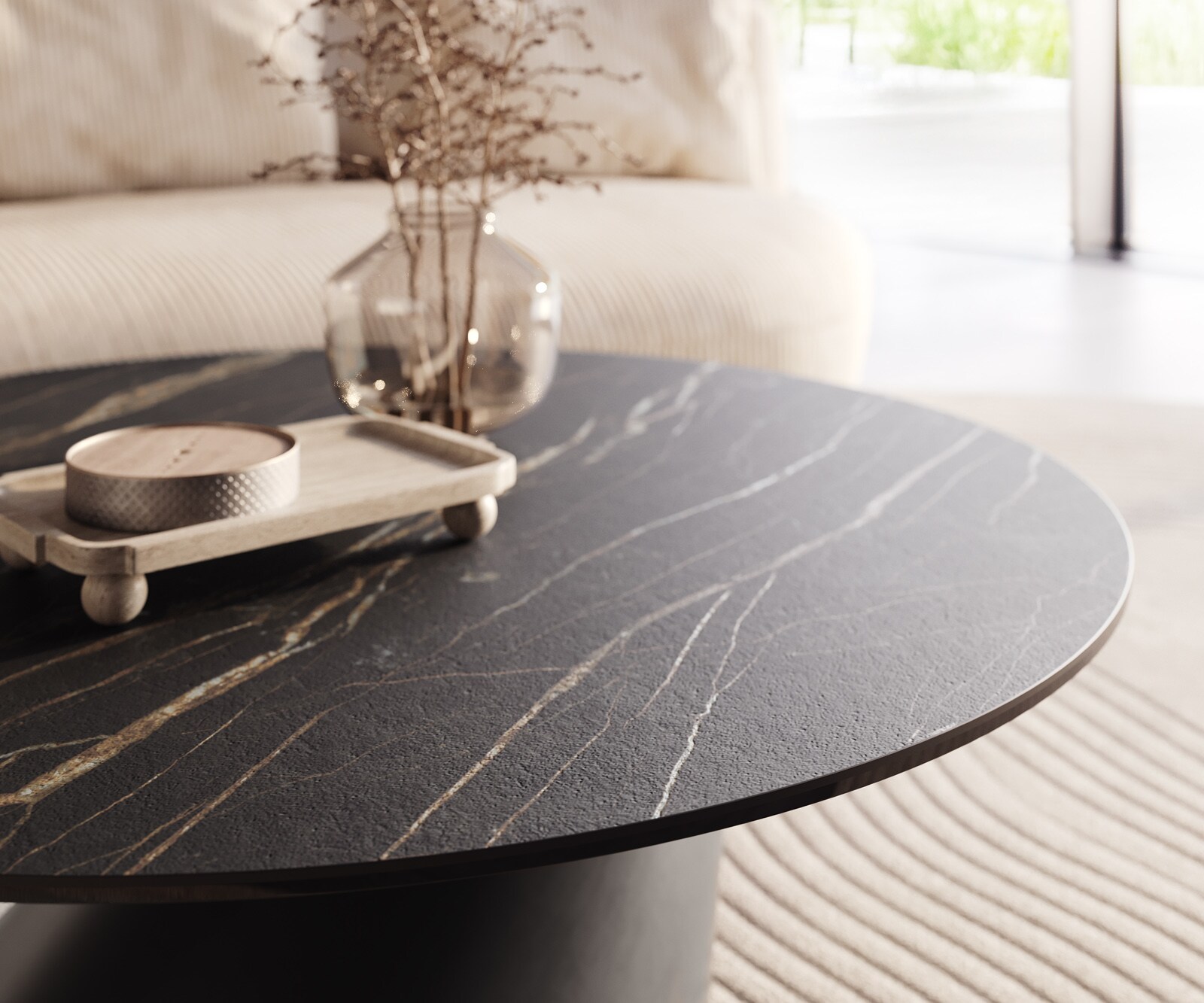 Salontafel Edge rond 100x100 cm keramiek Laminam® Noir Desir bruin Conis zwart metaal 4