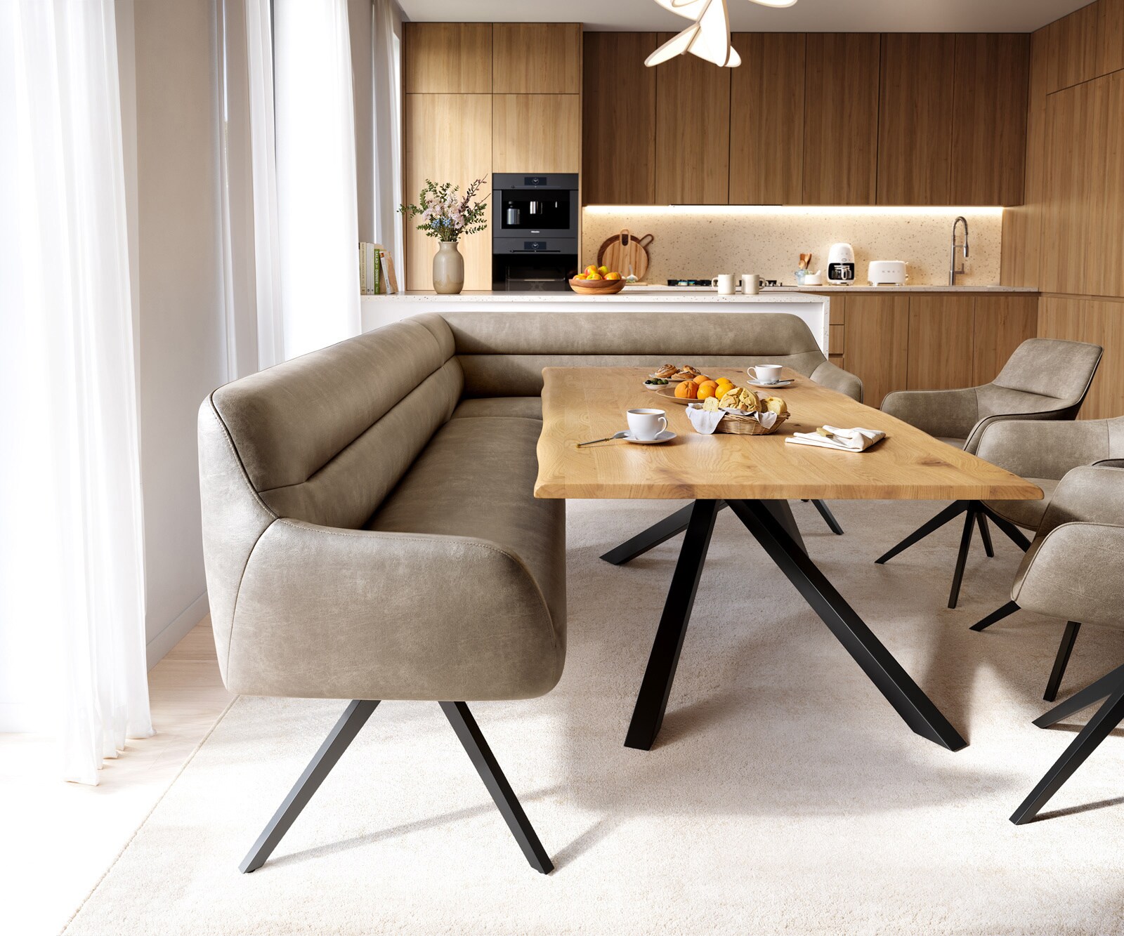 Eetkamerbank Taya-Flex 285x190 cm microvelours beige vintage hoekig kruisframe zwart pocketvering links 2