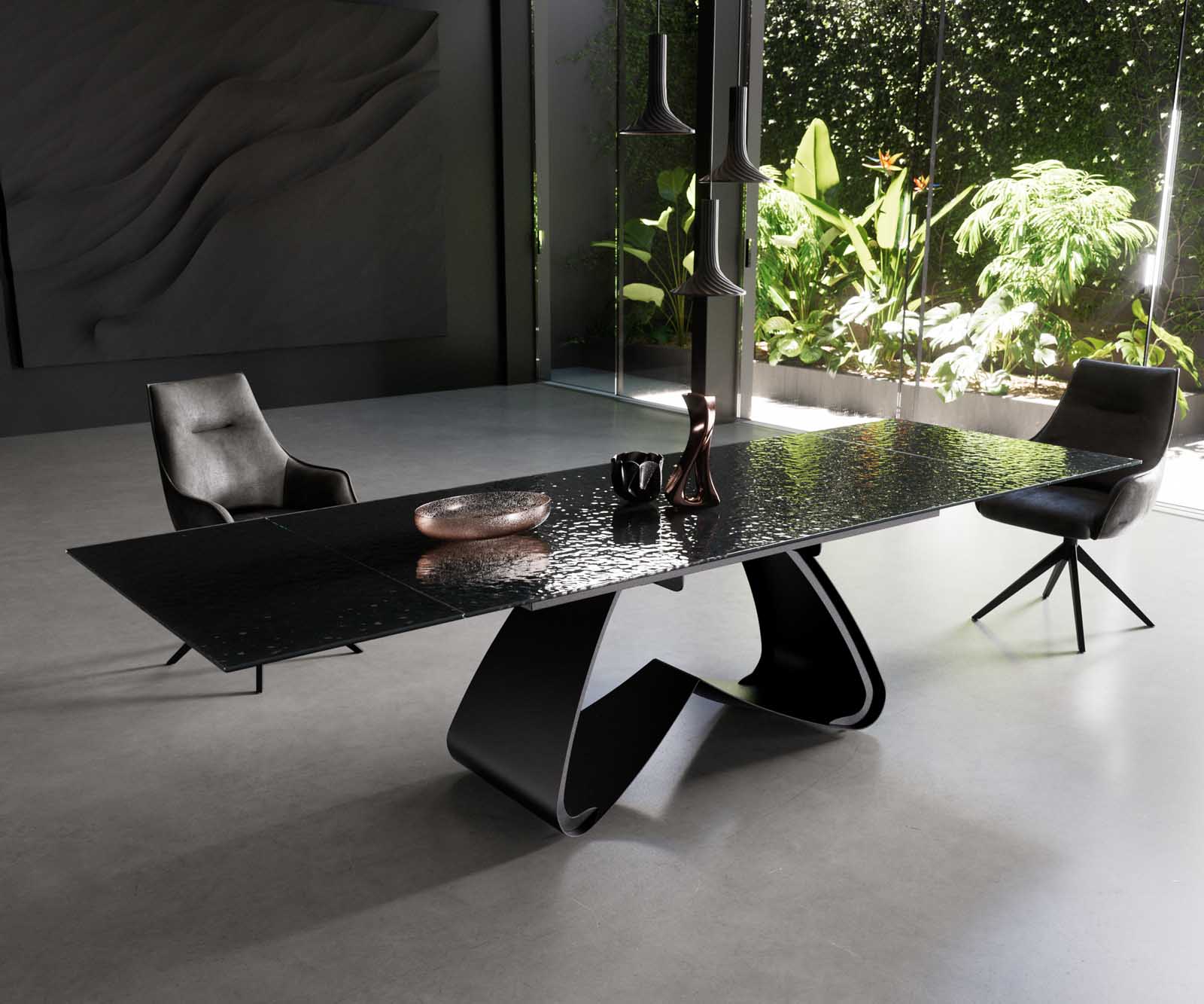 Eetkamertafel Edge 200-300x100 Glas smelten rokerig zwart 3D-Relief W-frame zwart uitschuifbaar 1