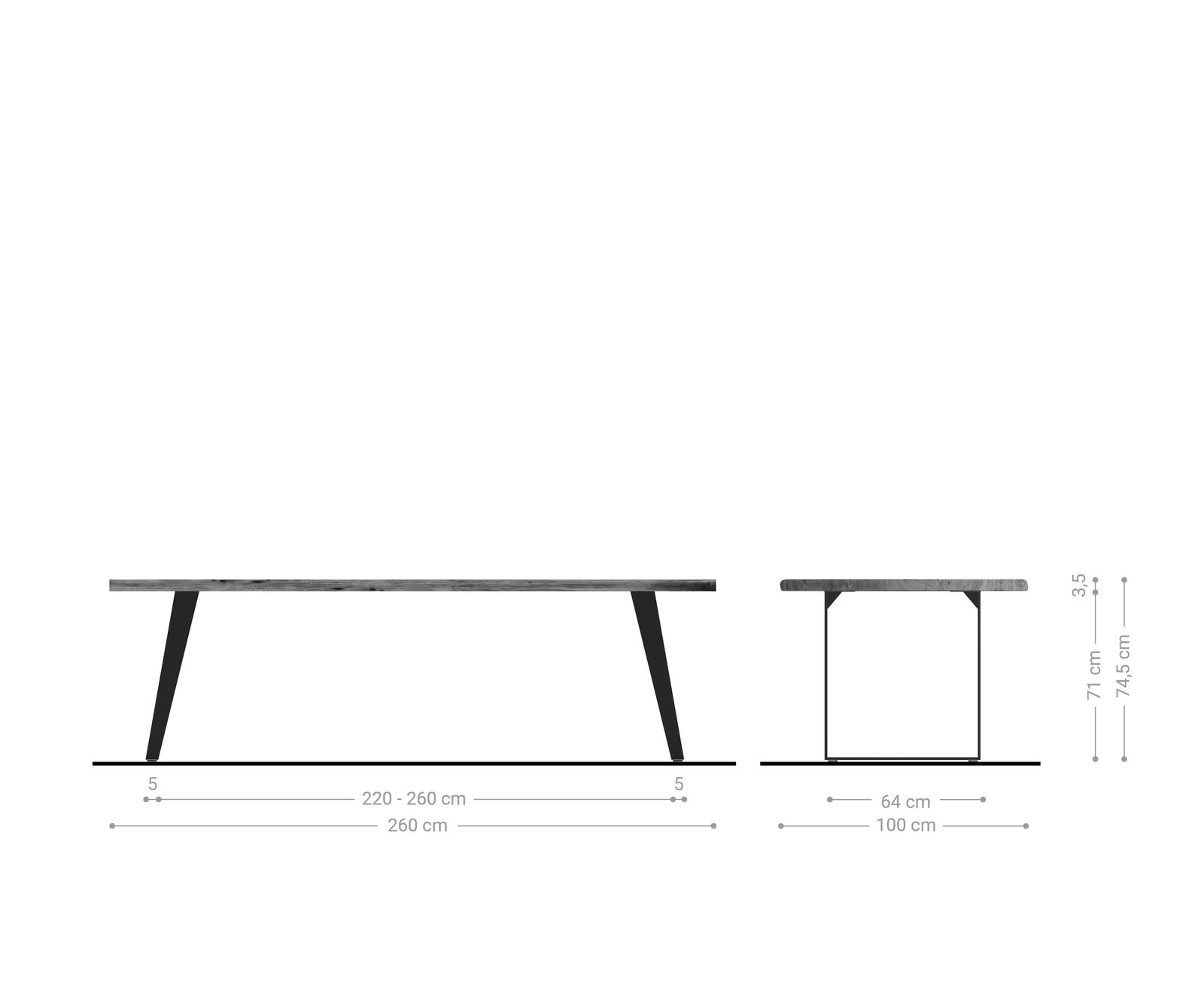 Eettafel Edge 260x100 acacia platina metaal schuin Live-Edge 6