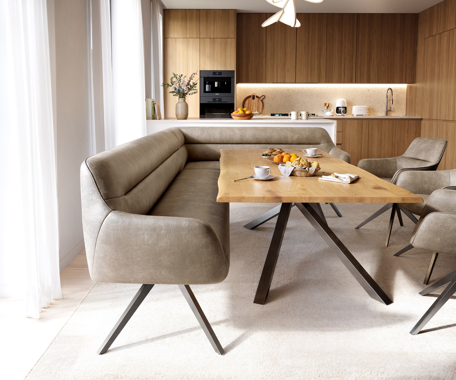 Eetkamerbank Taya-Flex 285x190 cm microvelours beige vintage hoekig kruisframe grafiet pocketvering links 2