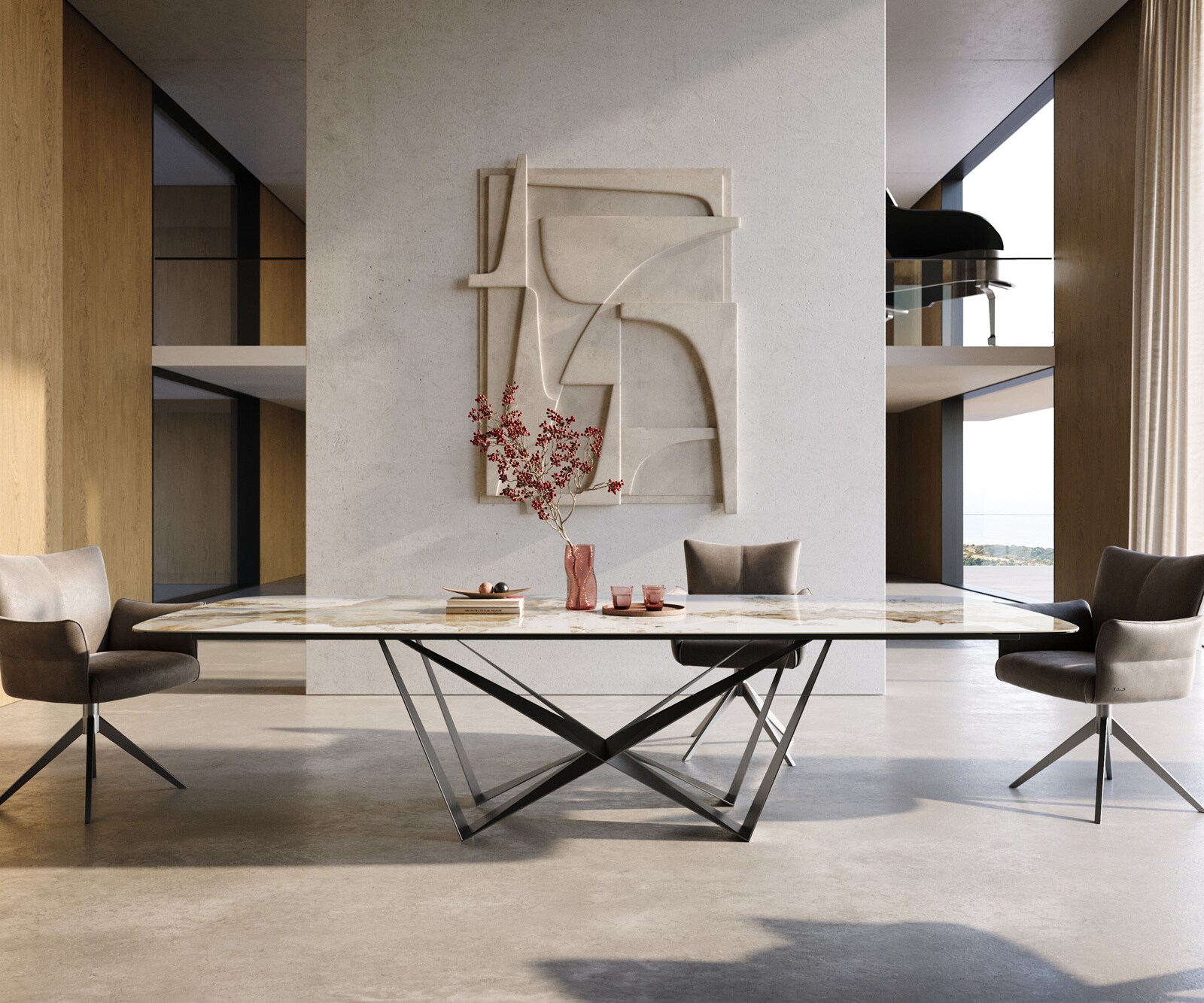Eettafel Edge Boot 300x120 cm Keramiek Minas Melange Wit-Beige Spider Flachstahl Roestvrij staal Grafiet 2