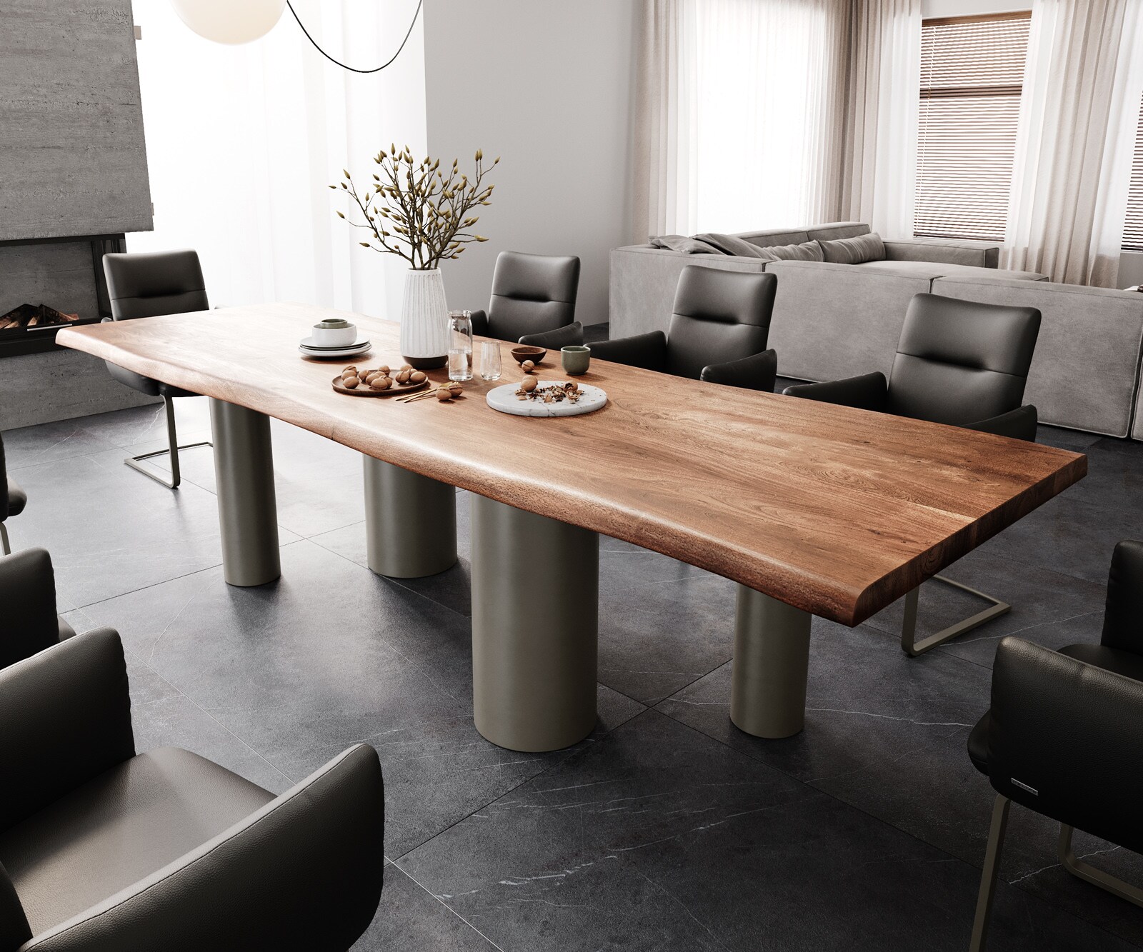 Eetkamertafel Edge 300x100 XL acacia bruin Pilier metaal effectafwerking titaan Live-Edge