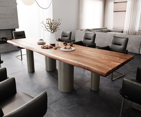 Eetkamertafel Edge 300x100 XL acacia bruin Pilier metaal effectafwerking titaan Live-Edge