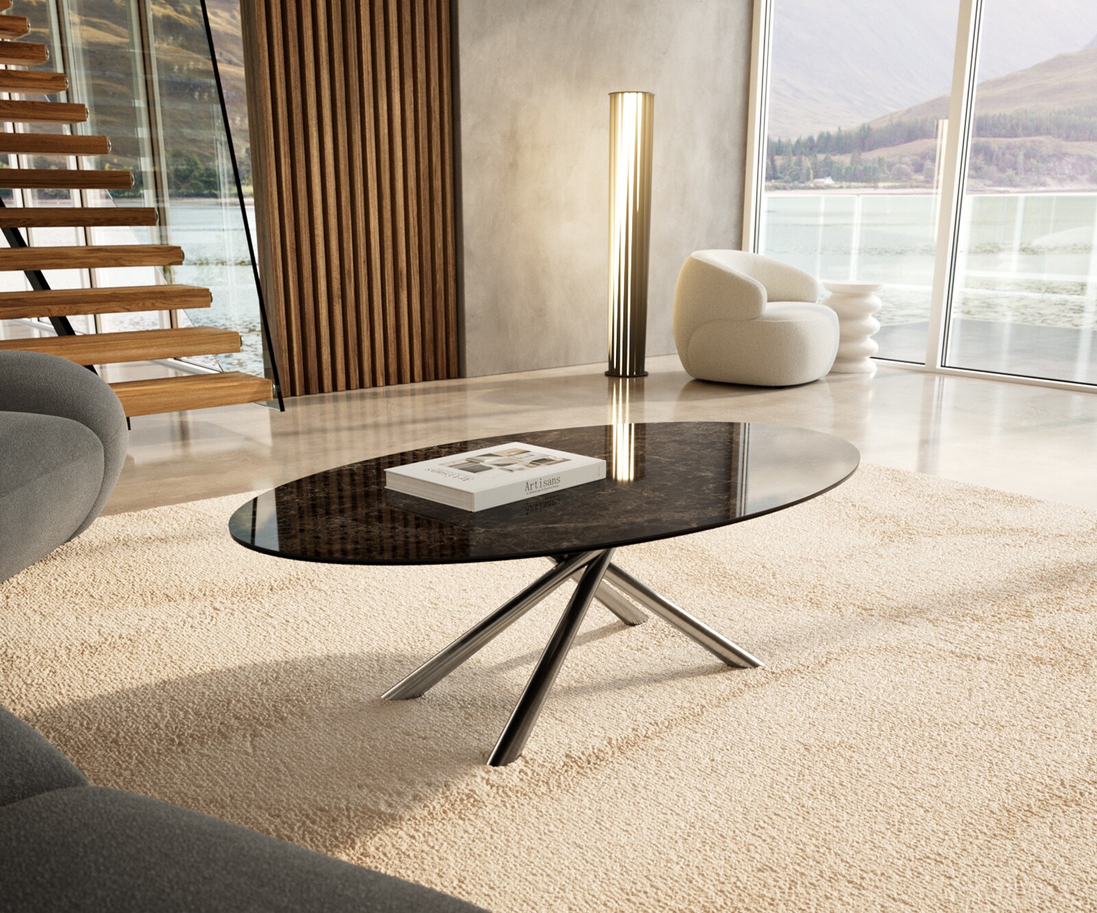 Salontafel Edge Oval 140x80 cm keramiek Laminam® Emperador Extra Lucidato donkerbruin Sarity geborsteld roestvrij staal