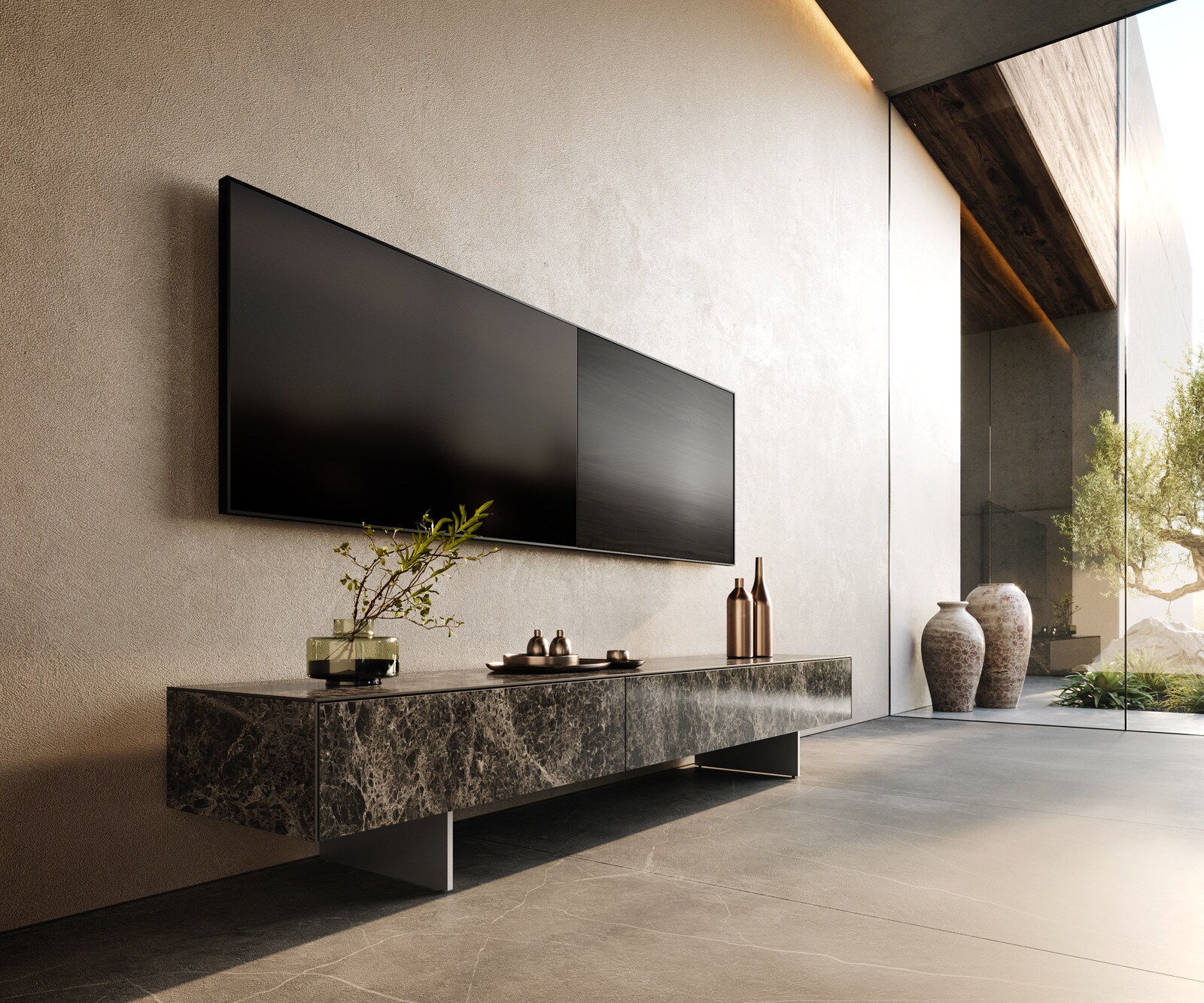 Tv-meubel Cuor 200 cm Keramiek Emperador Extra Lucidato Donkerbruin 1 Flap 1 Lade Zwevende voet look Roestvrij staal