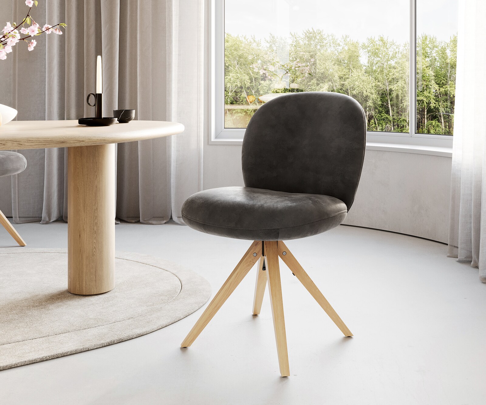 Draaistoel Nube-Flex microvelours antraciet vintage houten frame hoekig natuur 180° draaibaar pocketveer kern