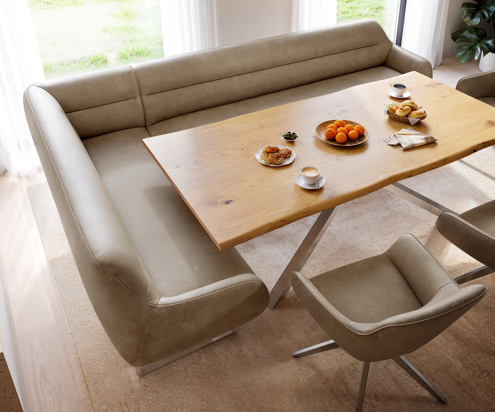 Eetkamerbank Taya-Flex 285x190 cm microvelours beige vintage gekant sledeframe roestvrij staal pocketvering rechts 4