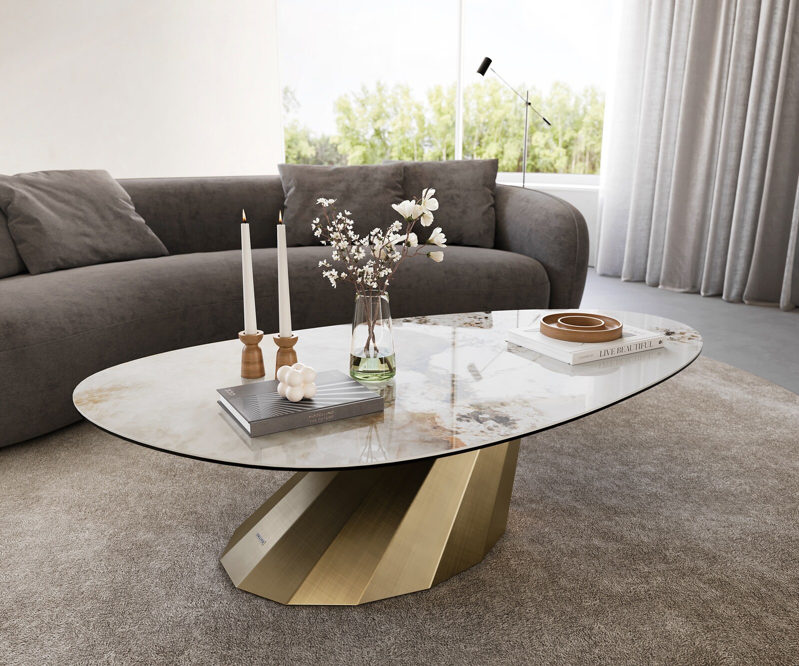 Salontafel Edge Oval 140x75 cm keramiek Minas Melange Parabi metallic goud 1