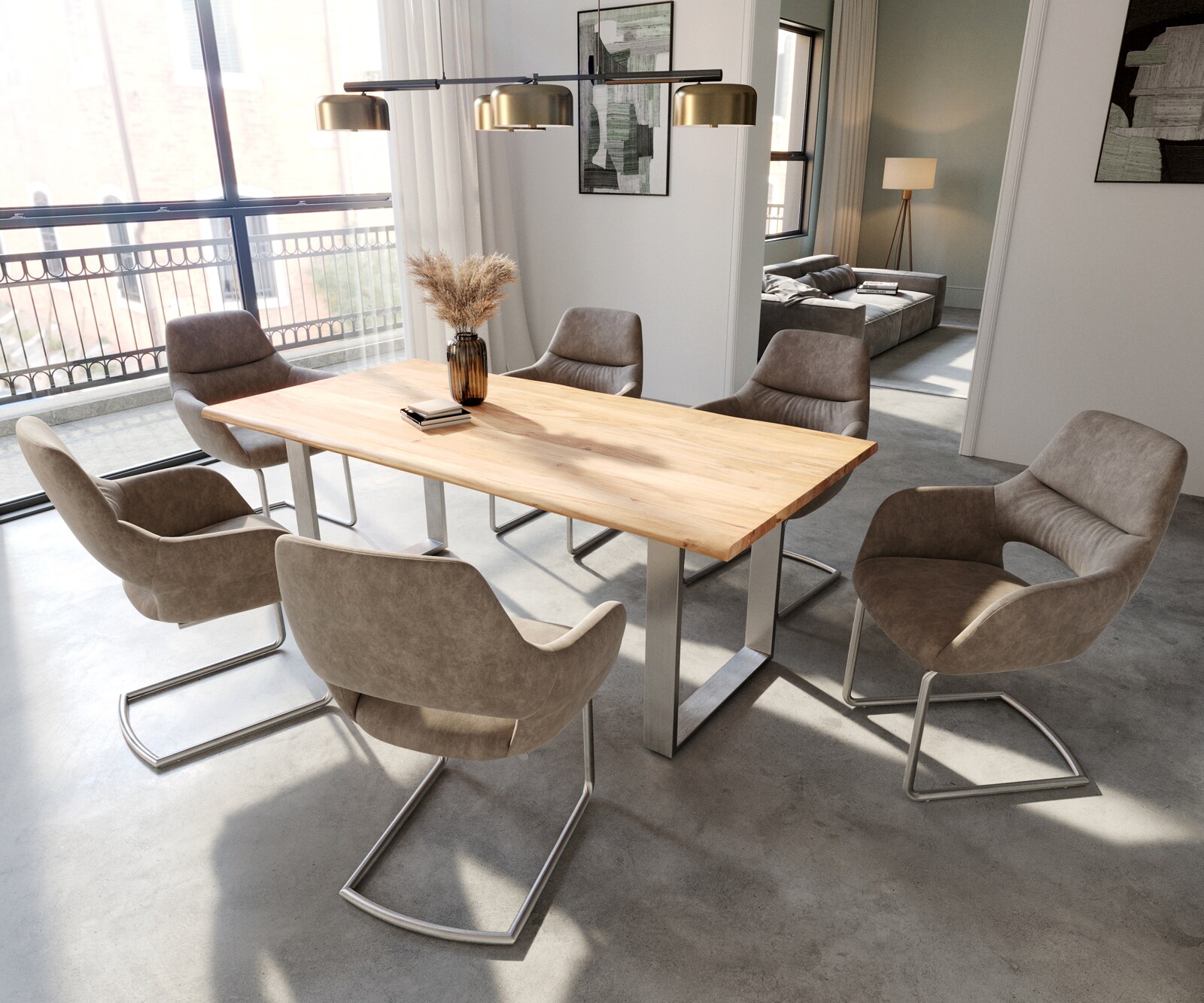 Sledemodel Yago-Flex met armleuning microvelours taupe vintage sledemodel rond roestvrij staal pocketveer kern 4