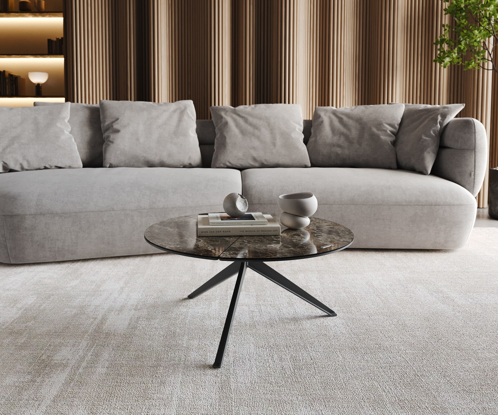 Salontafel Delron 70x70 cm Keramiek Emperador Extra Lucidato Donkerbruin Kruispoot vlak metaal zwart 1