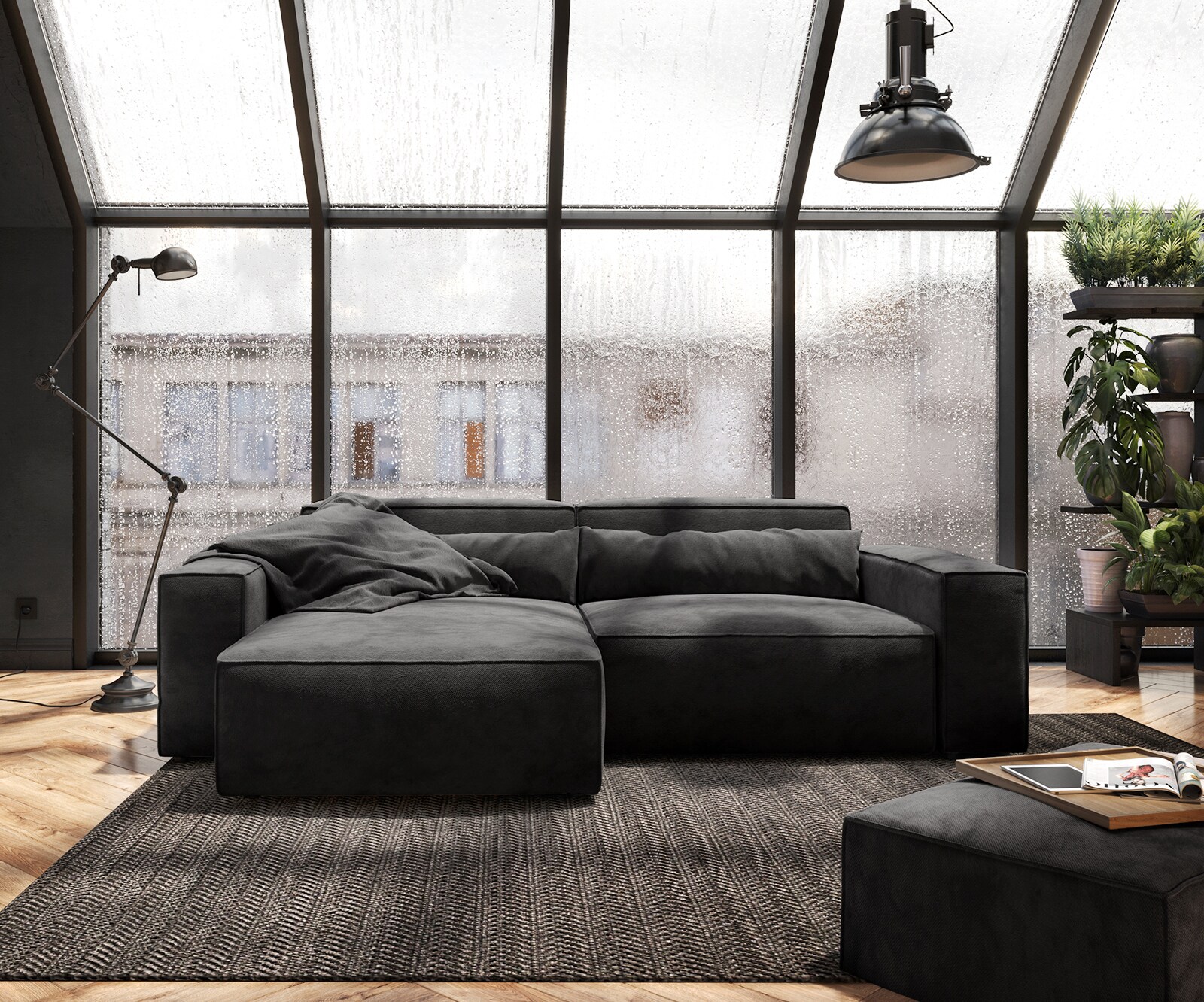 Hoekbank Sirpio 230x155 cm microvezel zwart variabele rugleuning met kruk 1