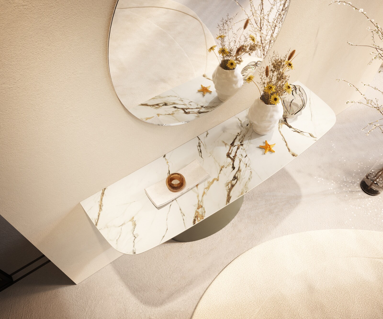 Consoletafel Edge Bootvorm 140x40 cm Keramiek Calacatta Luxe Weiß-Gold-Grijs Conos Metaal Effektfinish Titan 2
