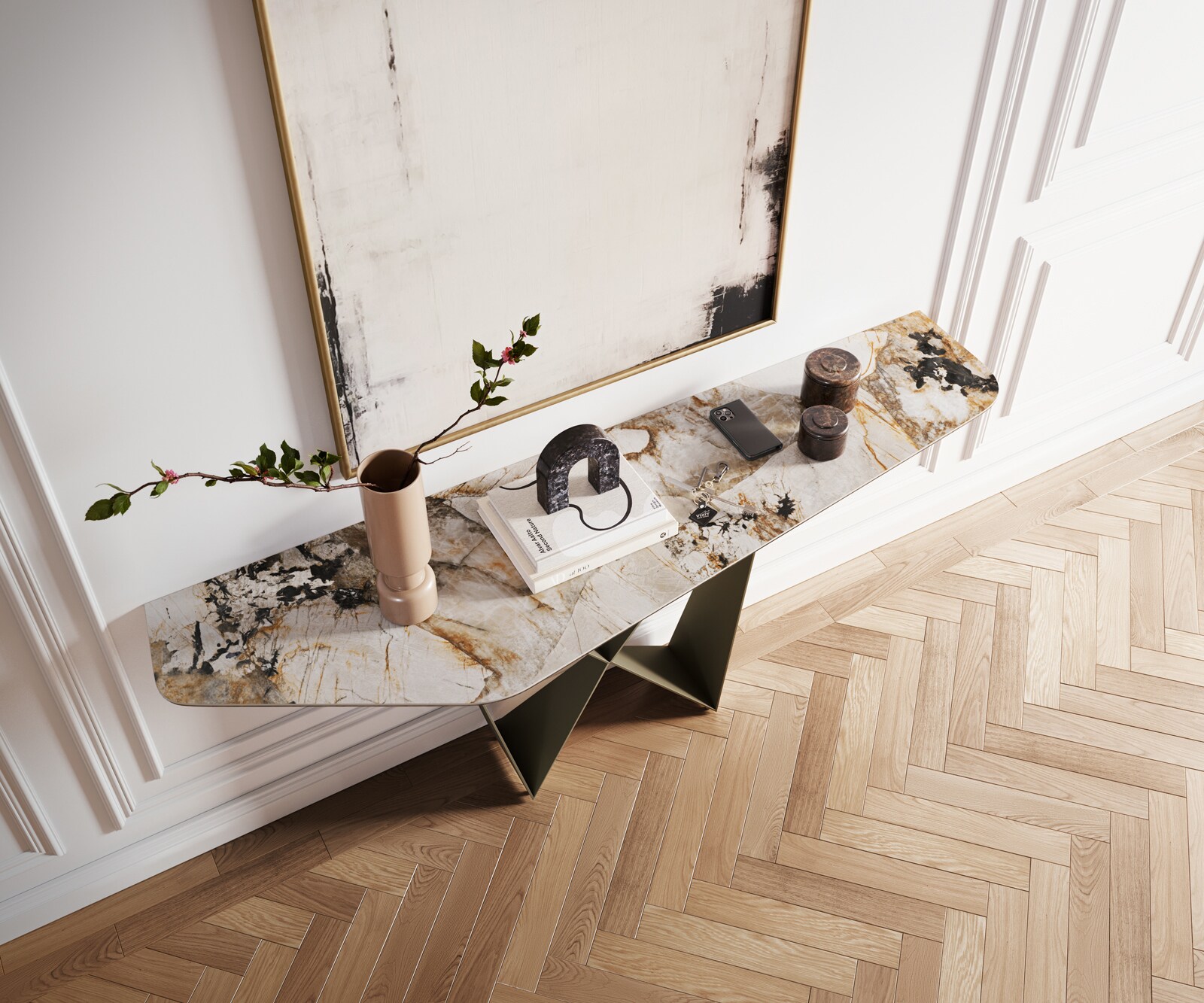 Consoletafel Edge Polygonaal 180x50 cm Keramiek Patagonia Poliert Spios Metaal Effektfinish Titan 2